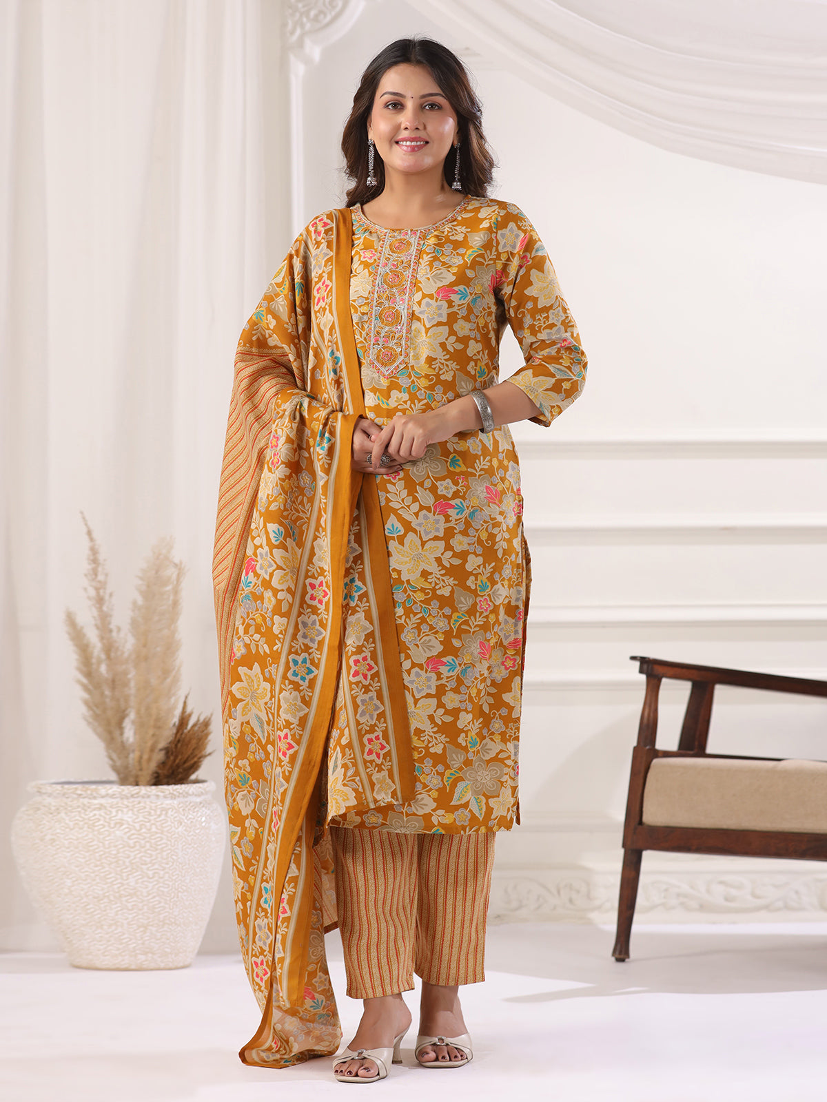 Mustard yellow cotton printed festival wear kurti set