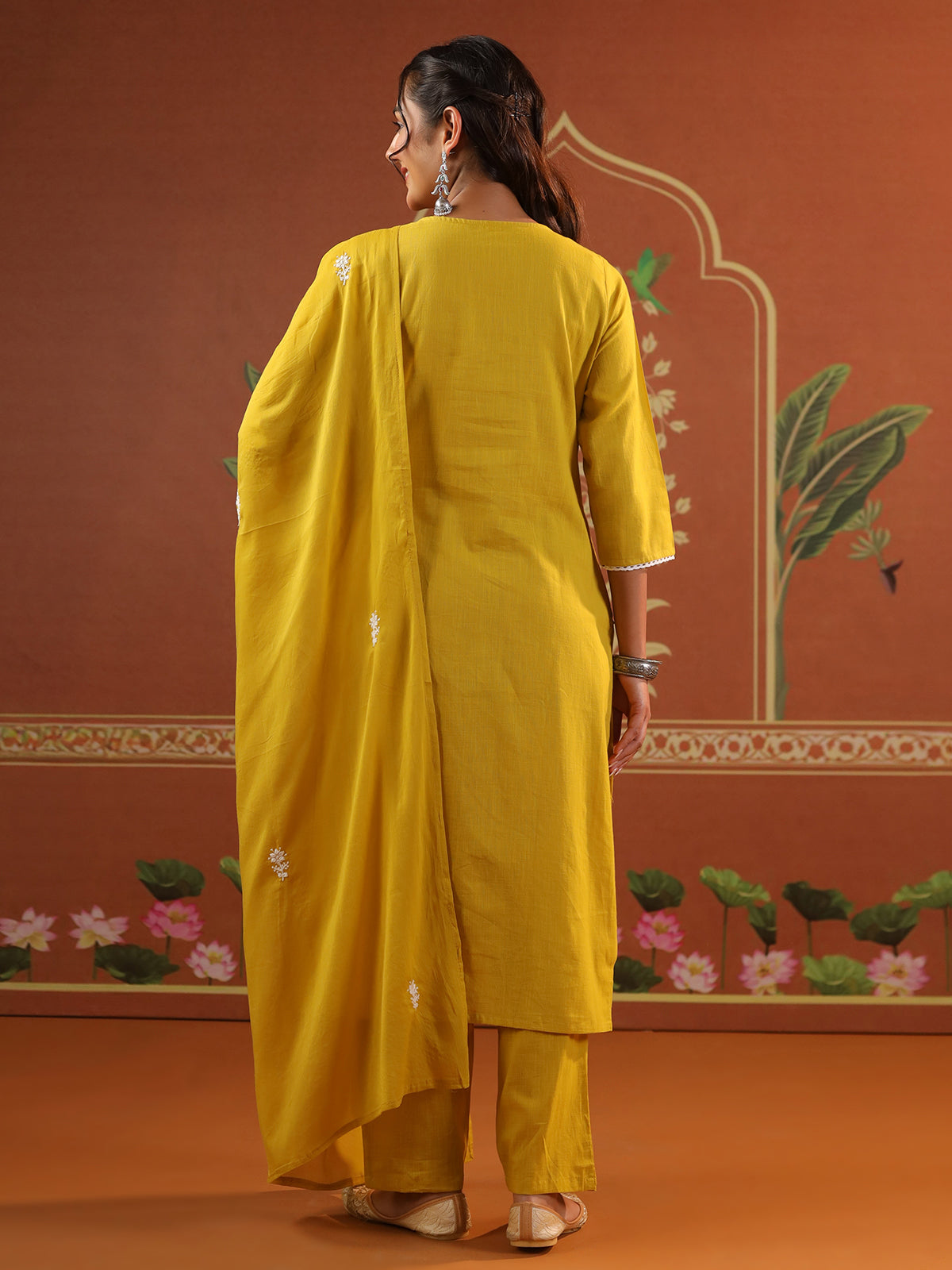 Yellow cotton festival wear kurti set with round neckline