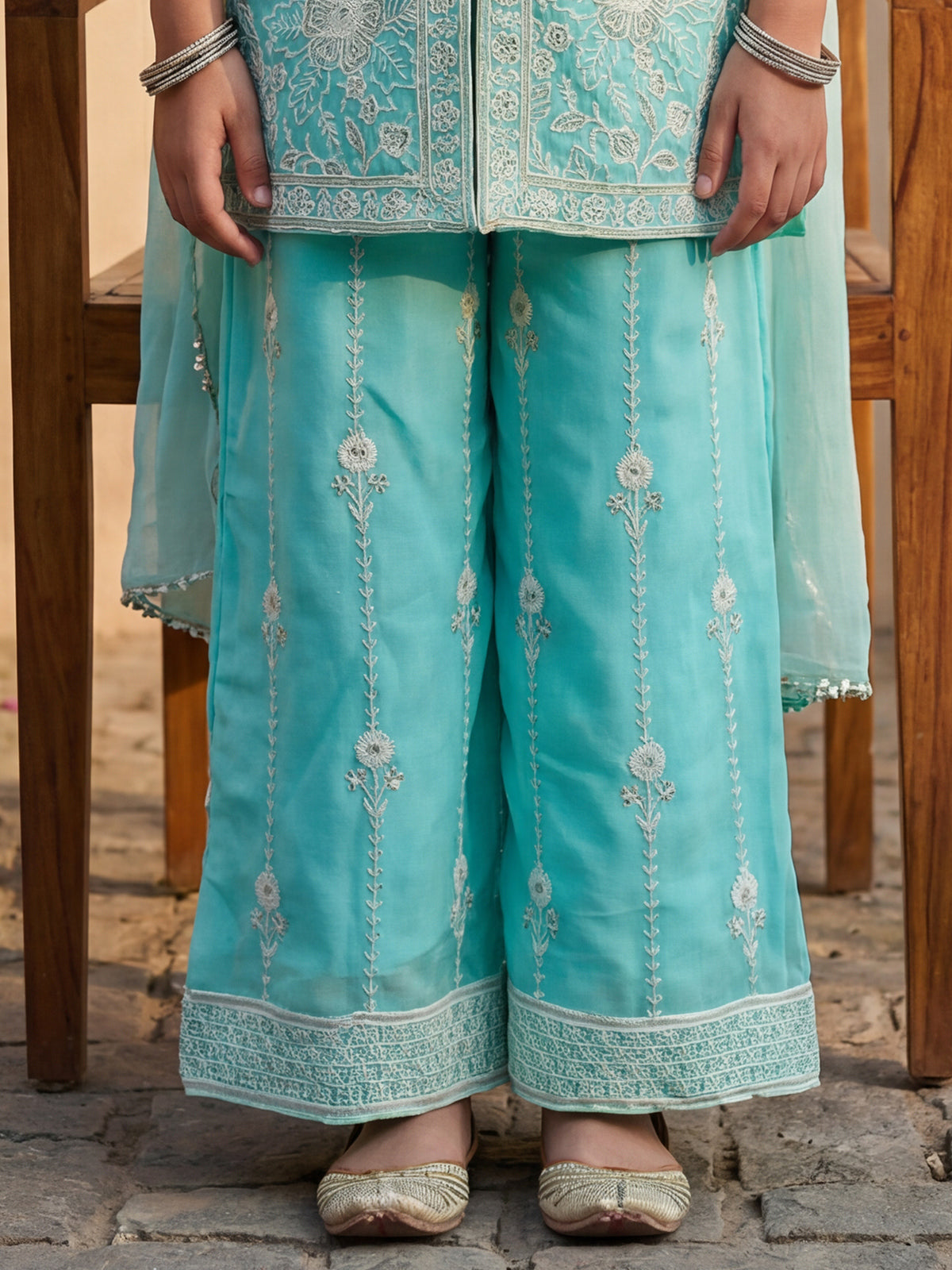 Aqua blue cotton silk palazzo suit with dupatta