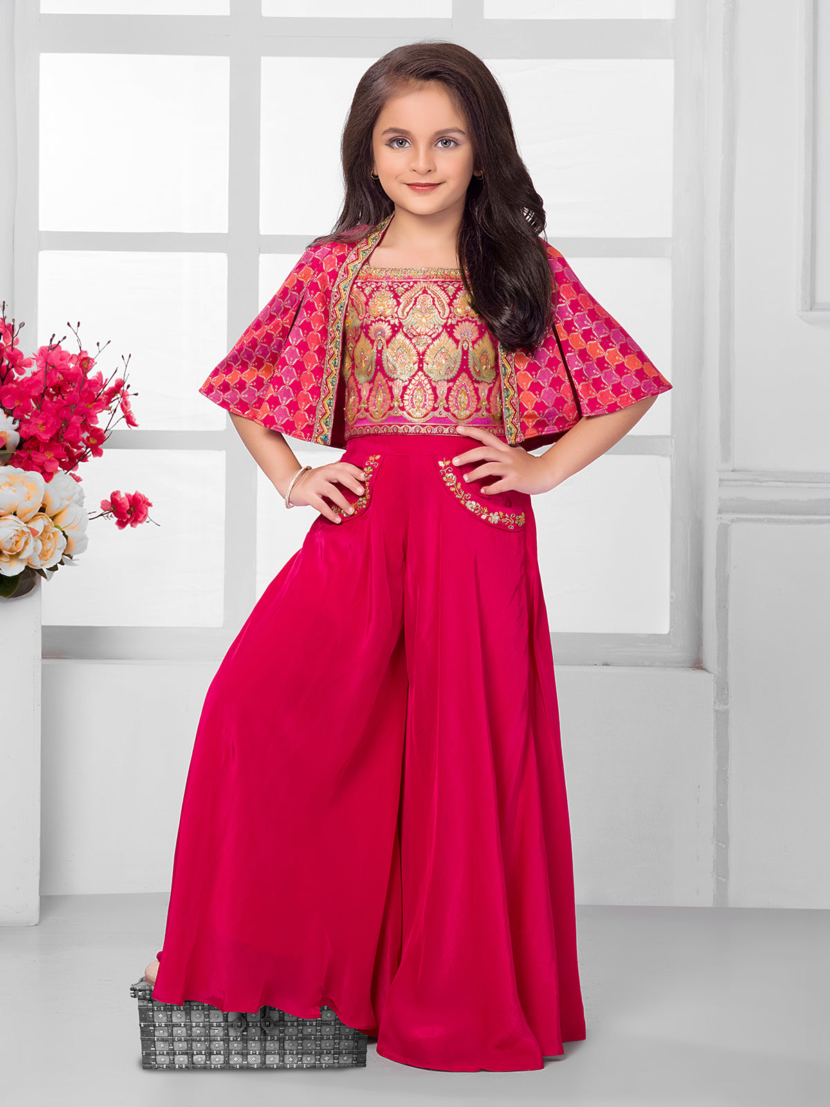 Rani pink jacket style palazzo suit for girls