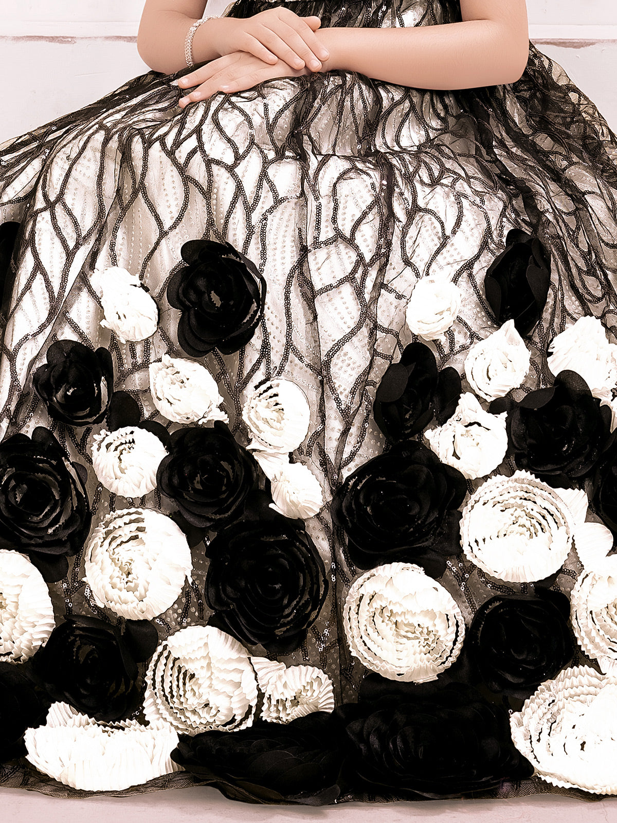 Black and cream net gwon with flower cutwork