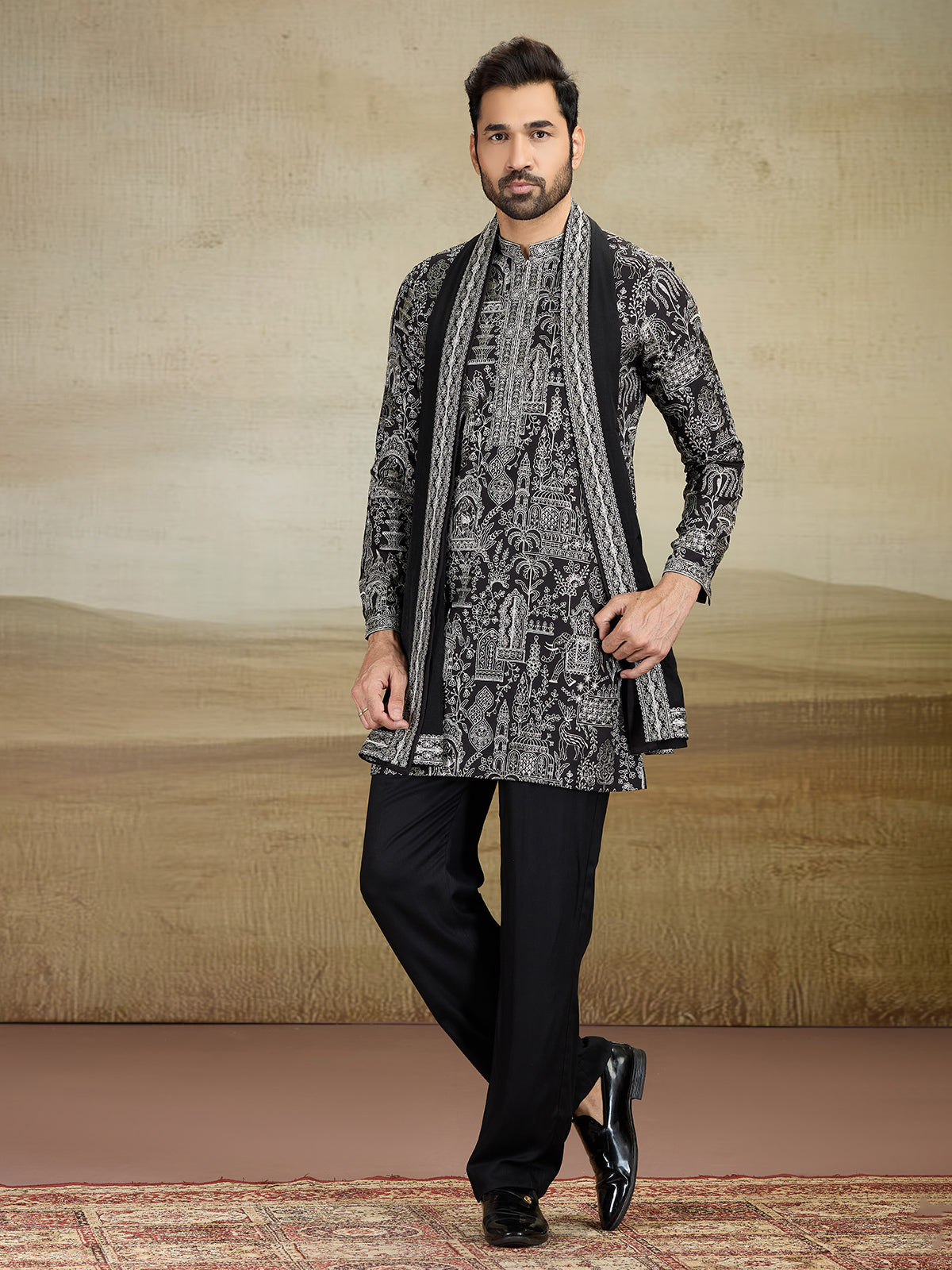 Black rayon silk kurta pajama with dupatta