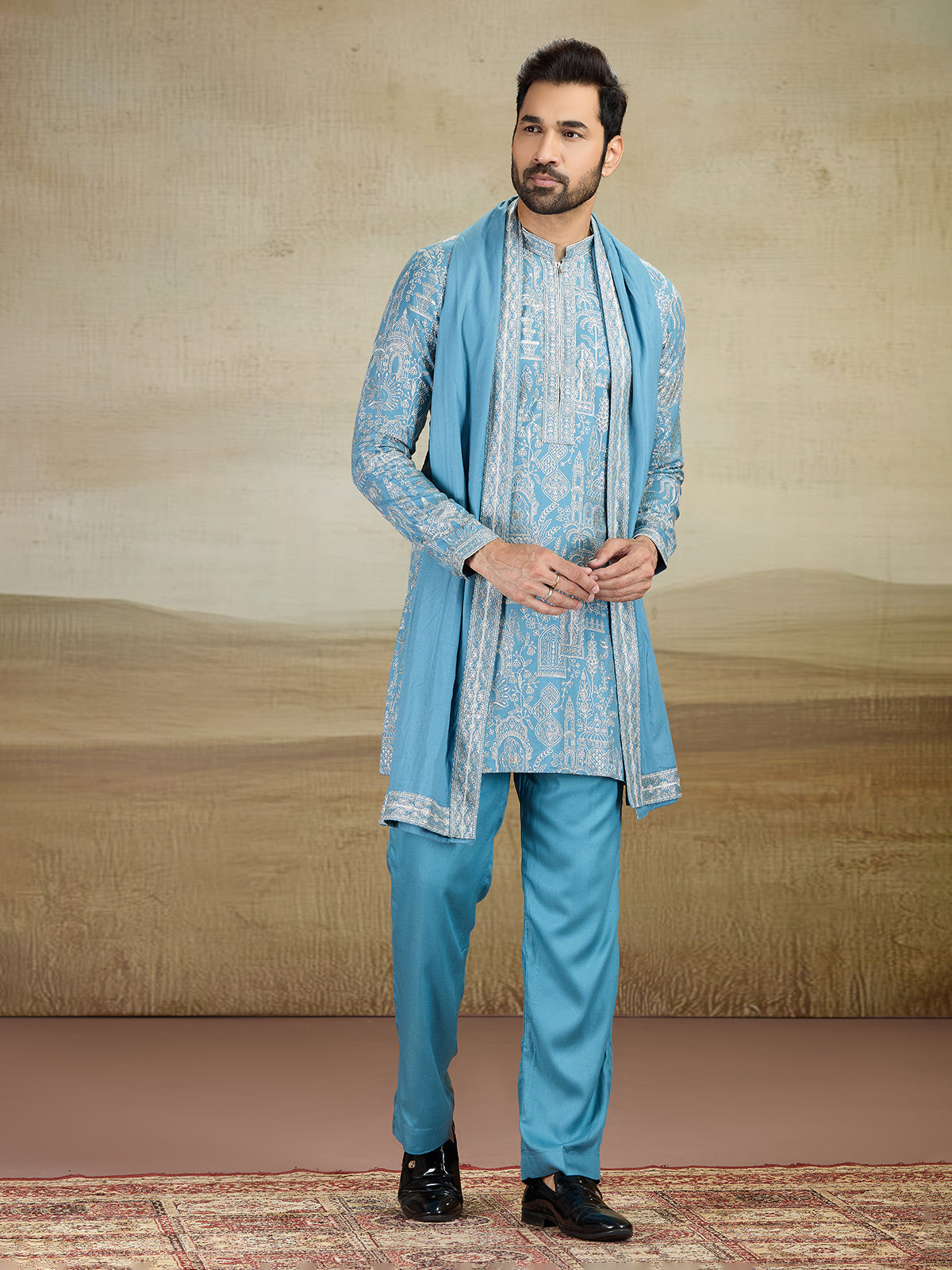 Sky blue rayon silk kurta pajama with dupatta