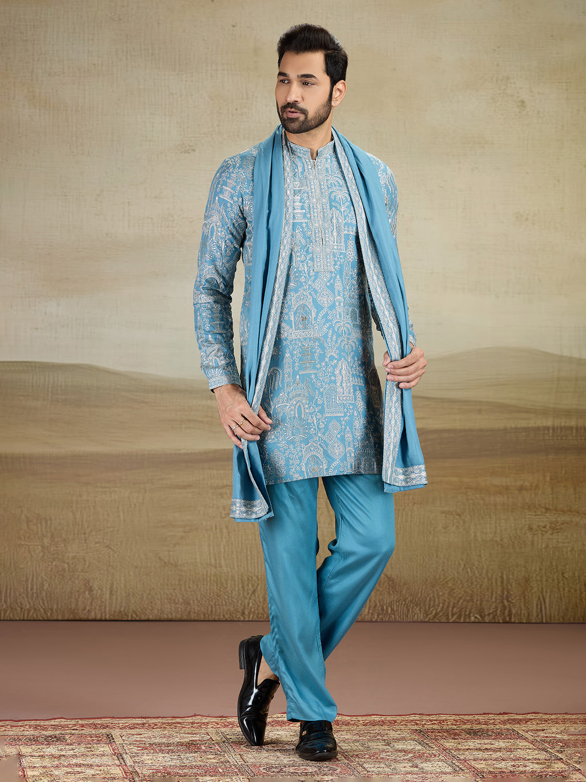 Sky blue rayon silk kurta pajama with dupatta
