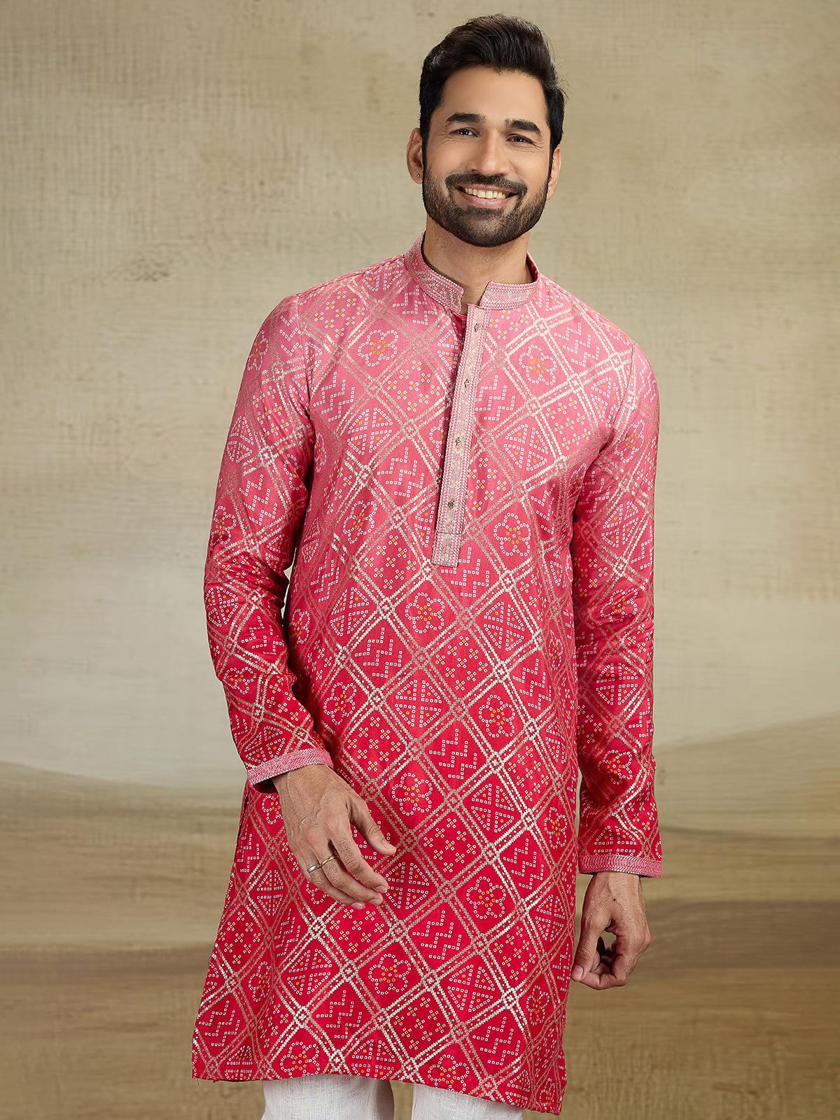 Red jacquard silk prnted kurta pajama for men