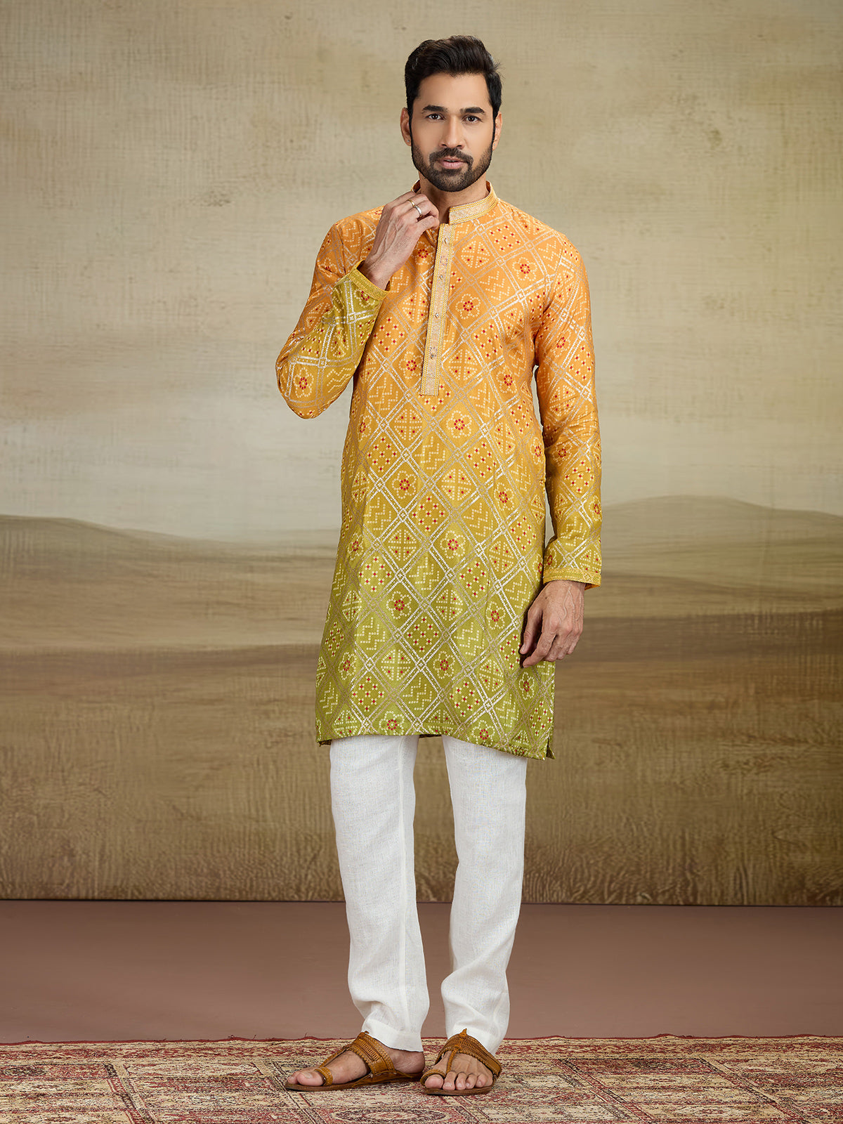 Yellow haldi wear jacquard silk kurta pajama