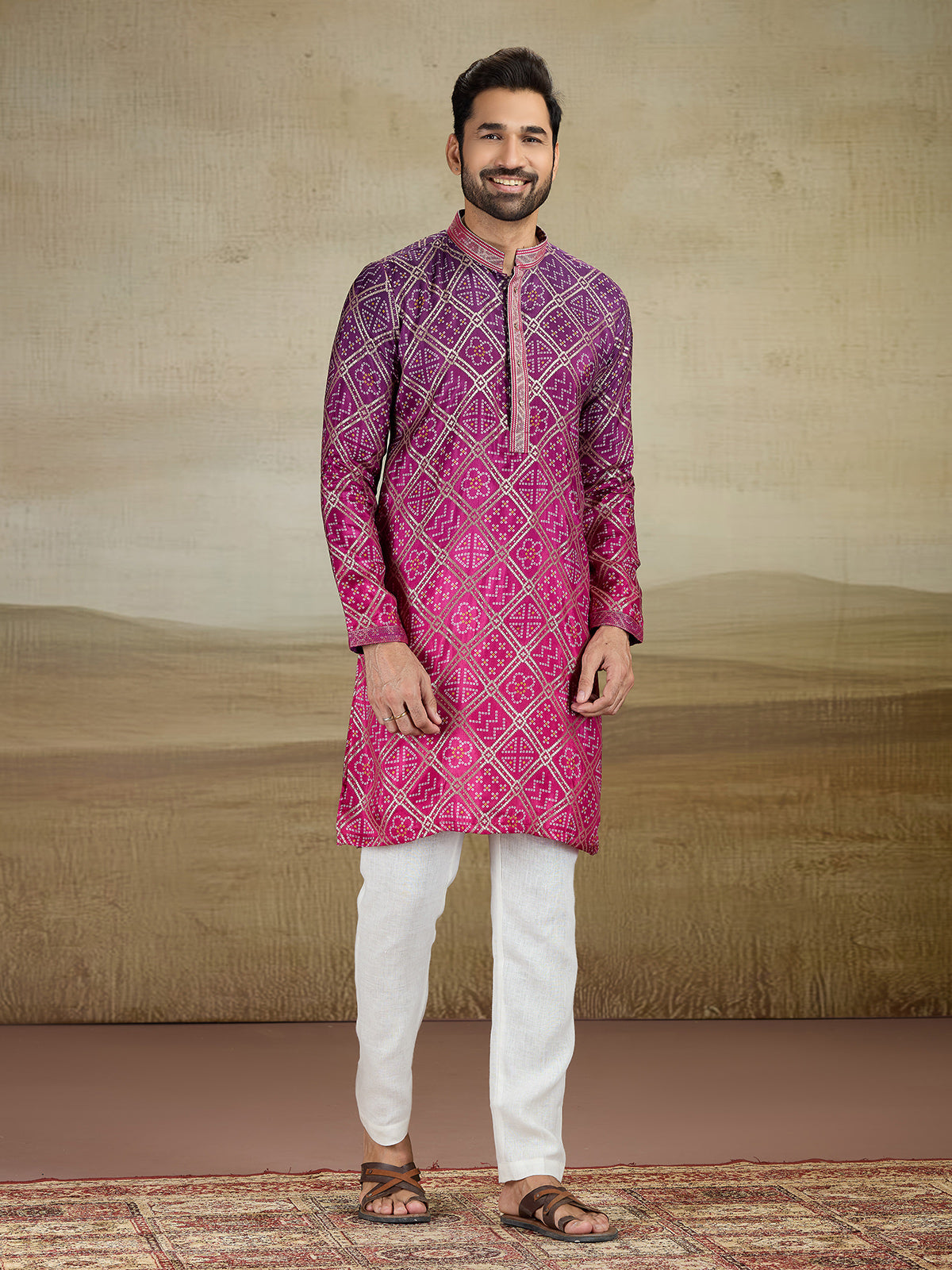 Pink jacquard silk shaded kurta pajama