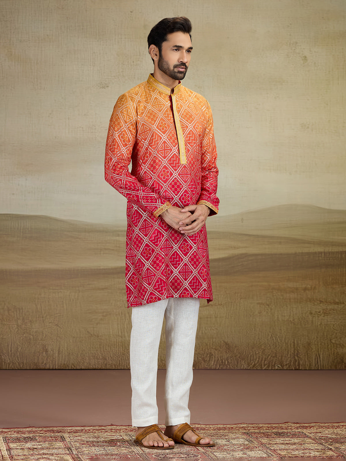 Red shaded jacquard silk kurta pajama with print
