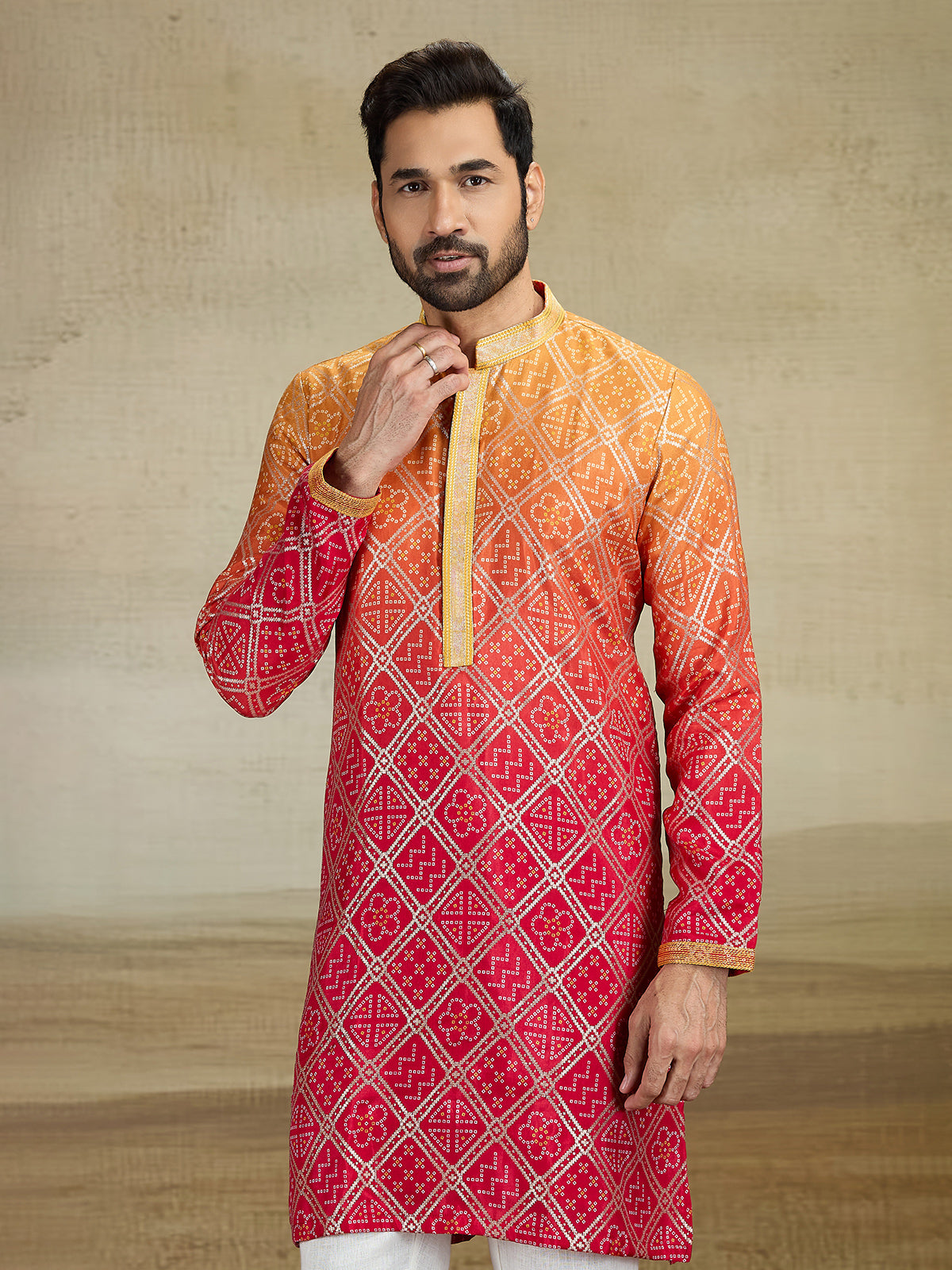 Red shaded jacquard silk kurta pajama with print