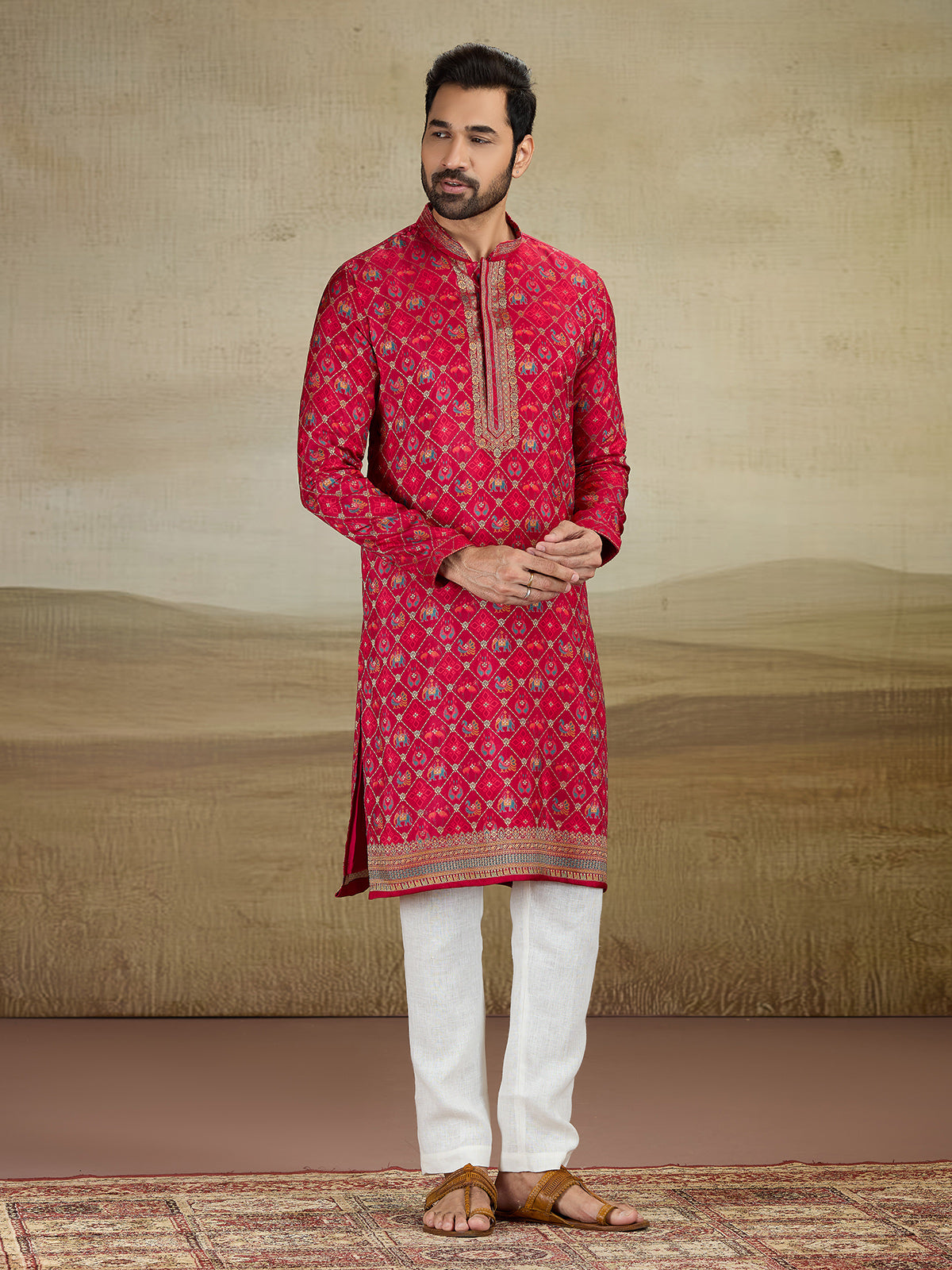 Deep red zari worked kurta suit in viscose slk