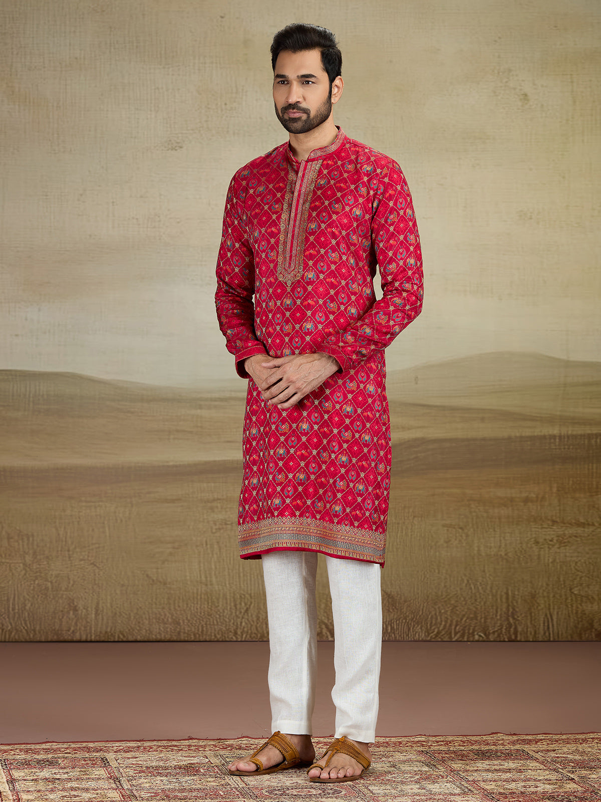 Deep red zari worked kurta suit in viscose slk