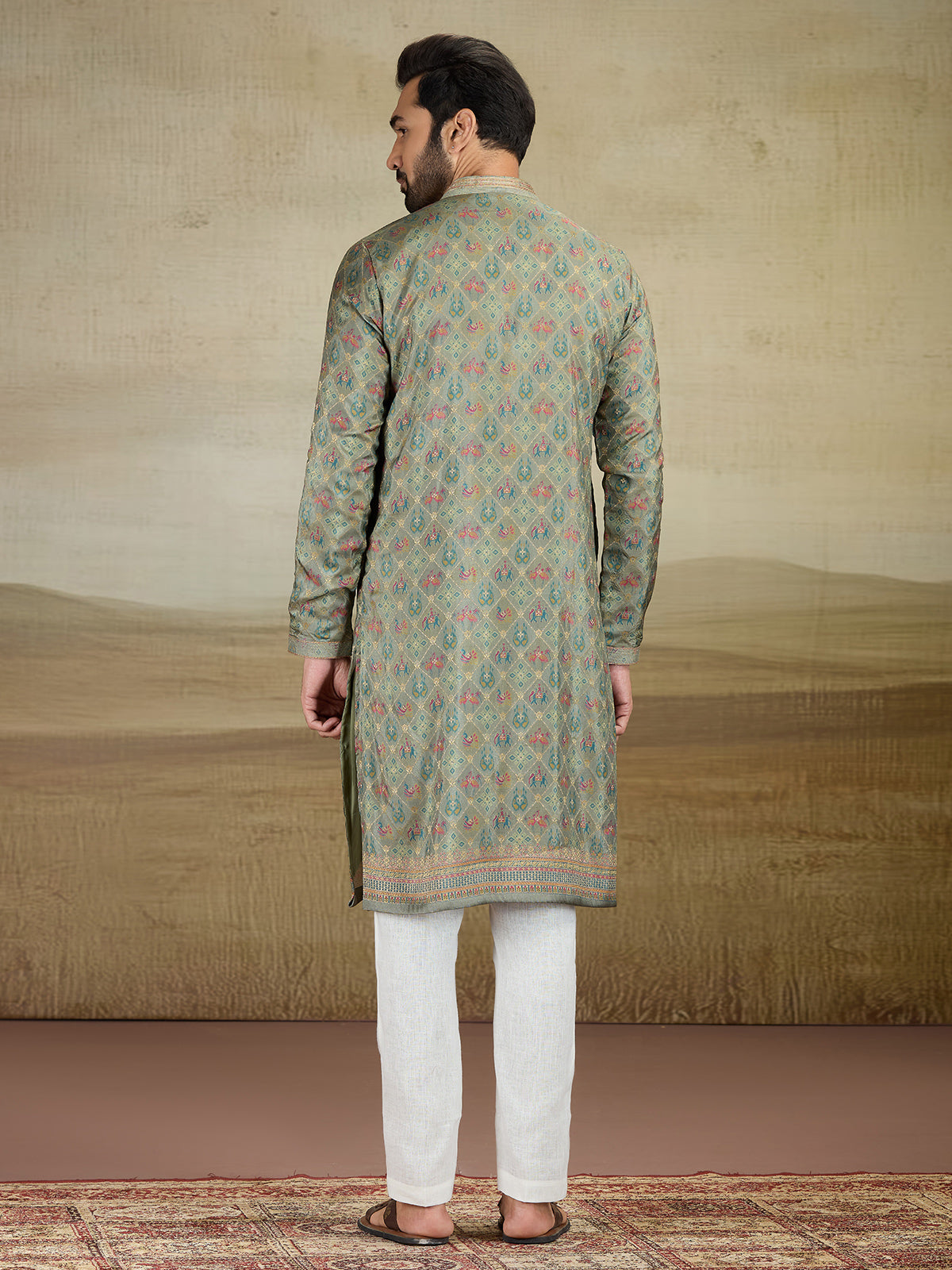 Olive printed viscose silk kurta suit for men