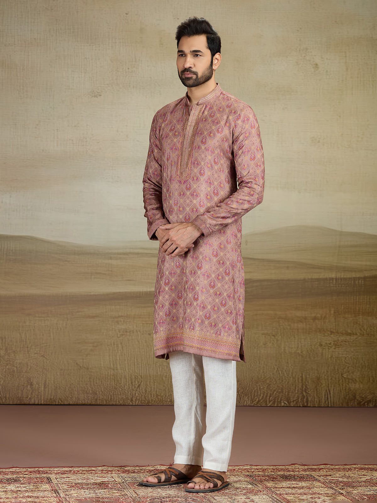 Light brown printed kurta suit in viscose silk