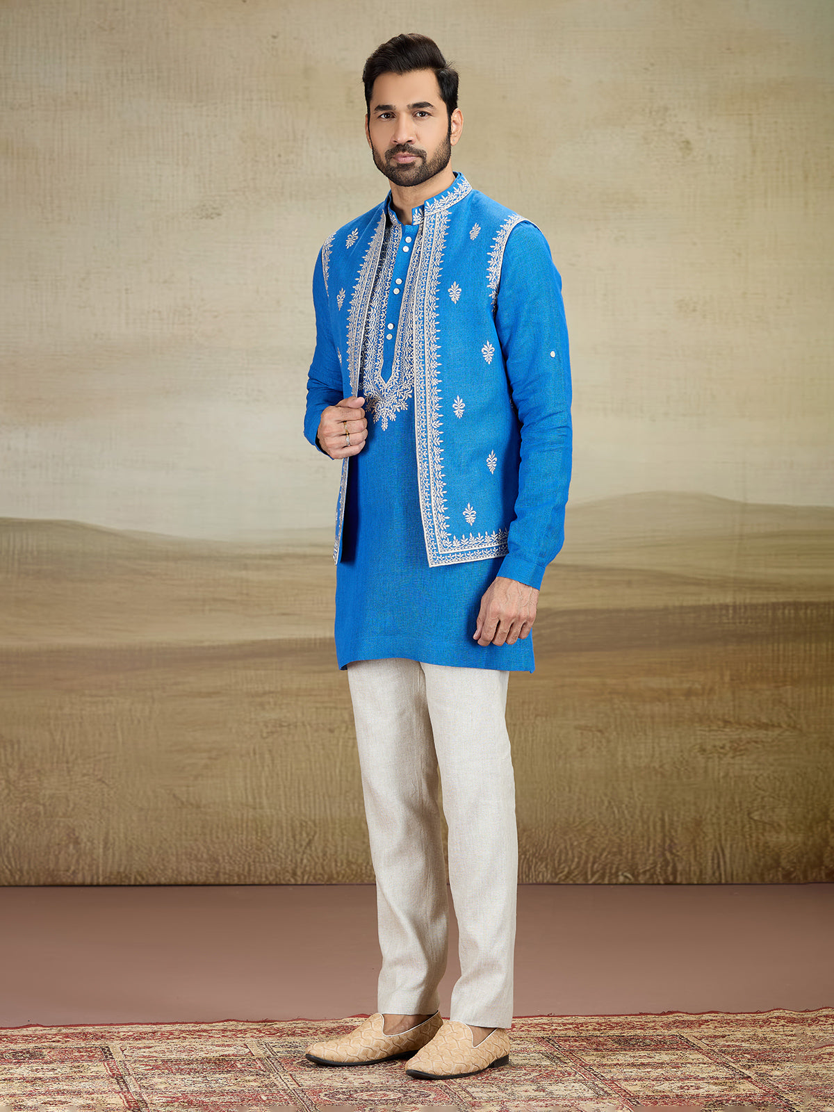 Aqua blue embrodered linen waistcoat set