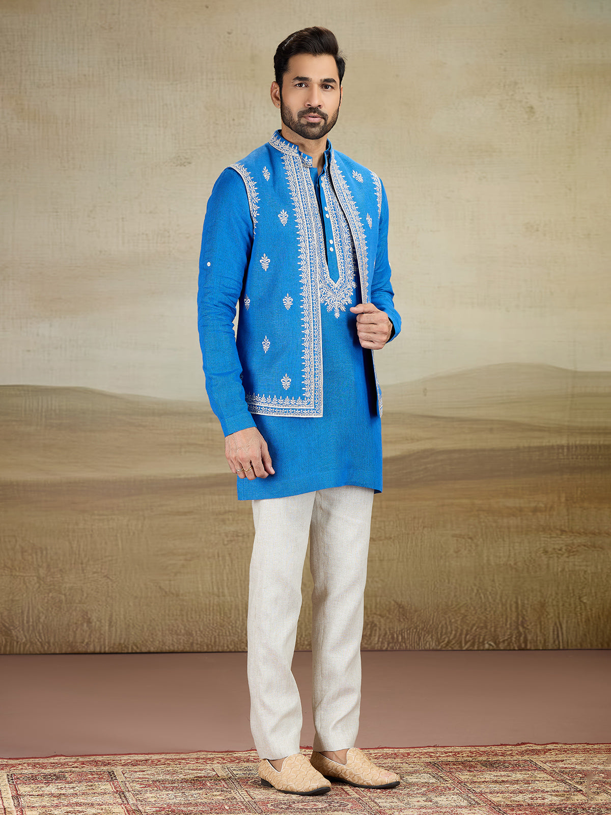 Aqua blue embrodered linen waistcoat set