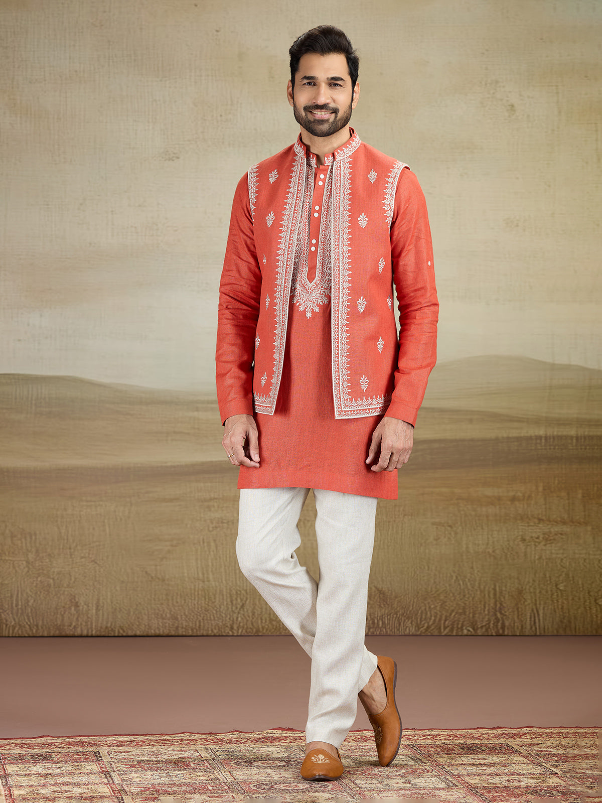Rust orange linen waistcoat set with embroidery