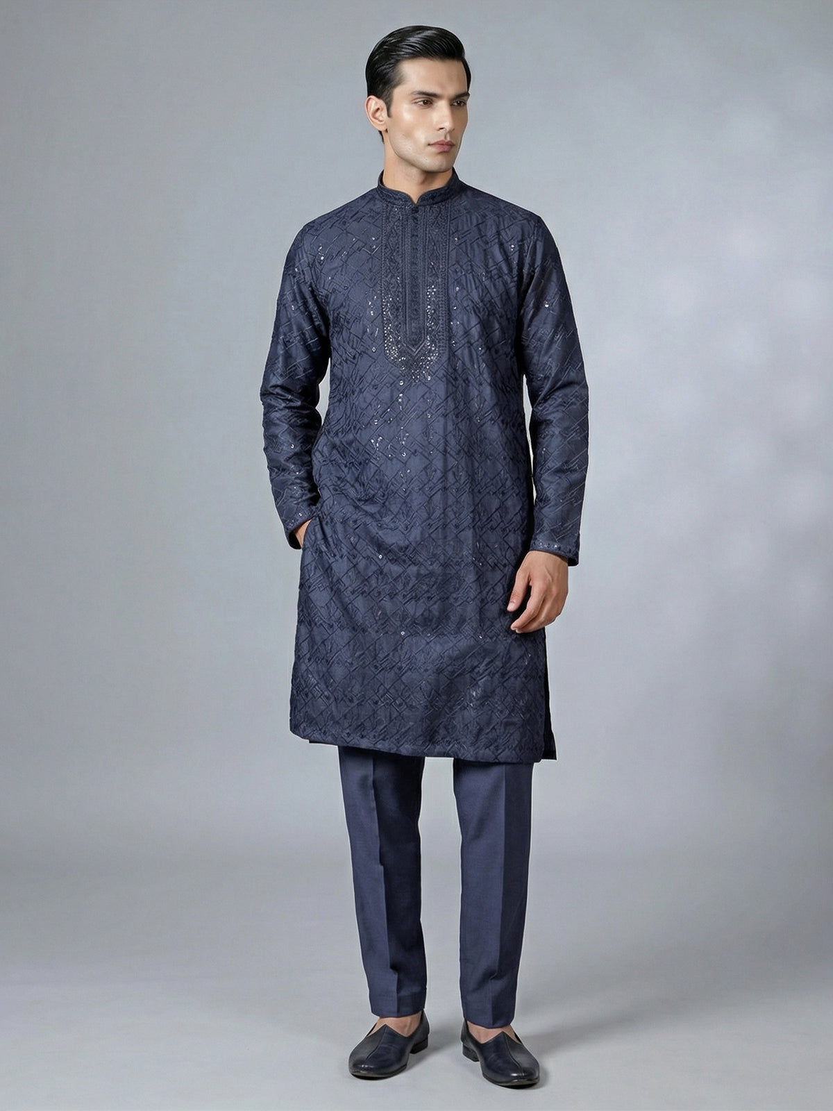 Navy blue emrodered kurta pajama for reception