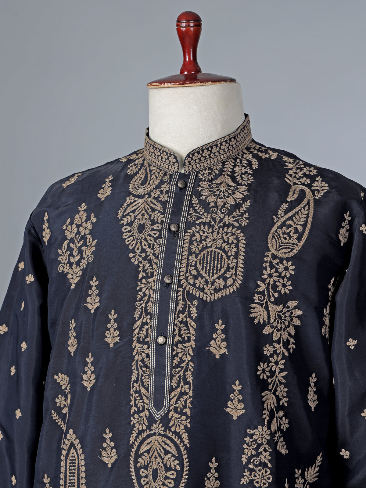 Navy blue silk kurta suit with thread detaling