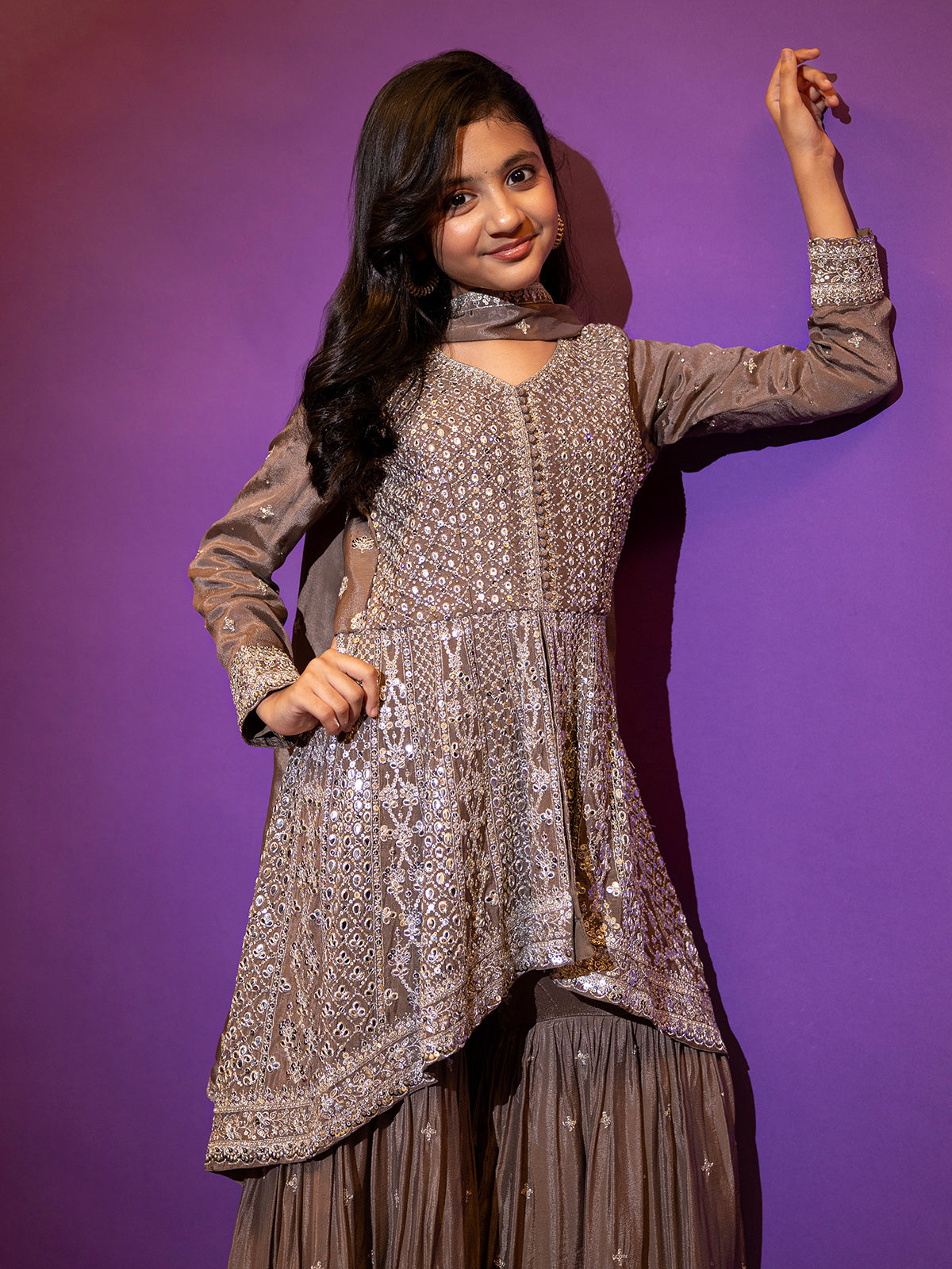 Coffee color silk sharara suit with dupatta