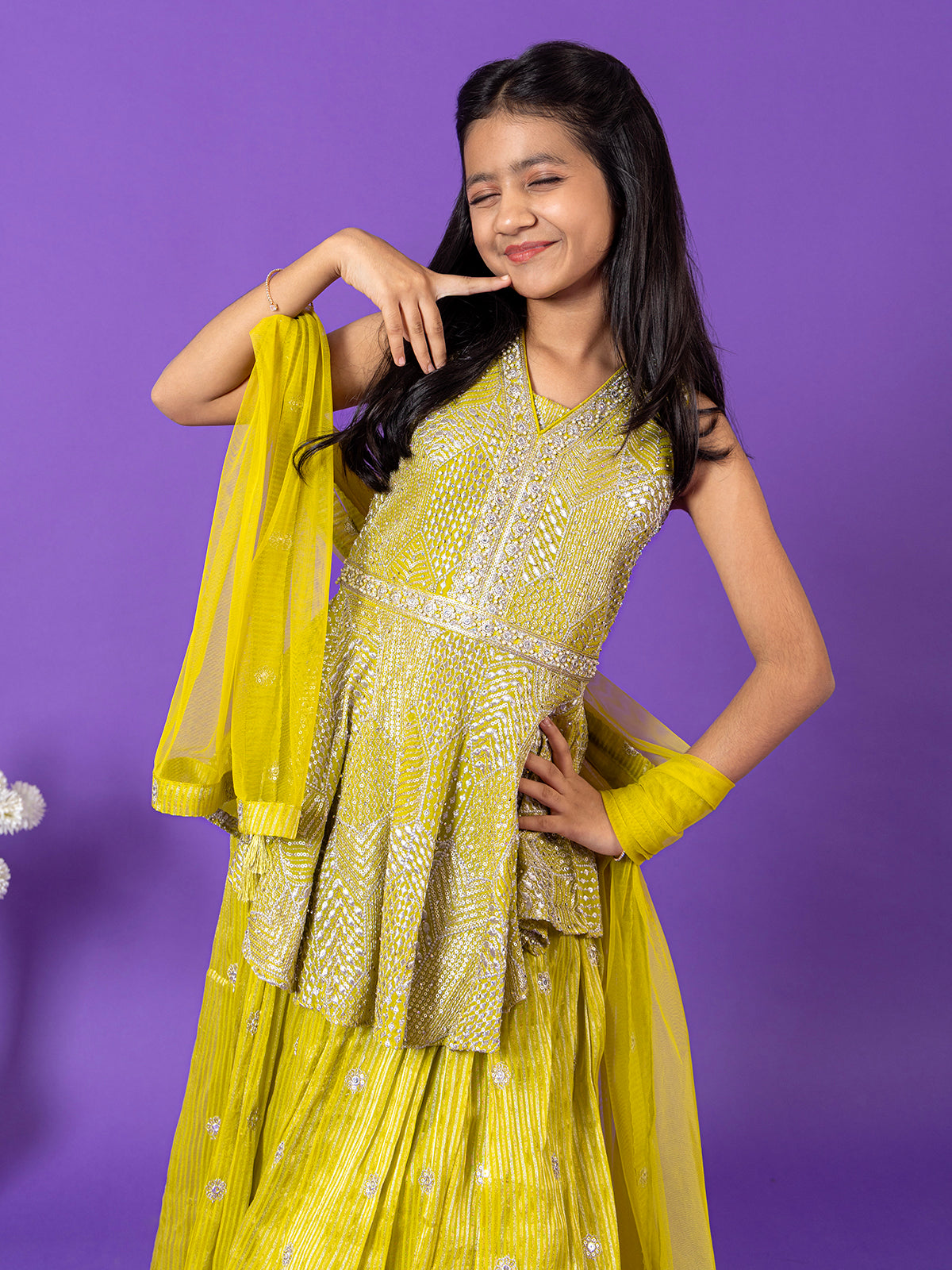 Green silk lehenga choli with mirror and stone detailing