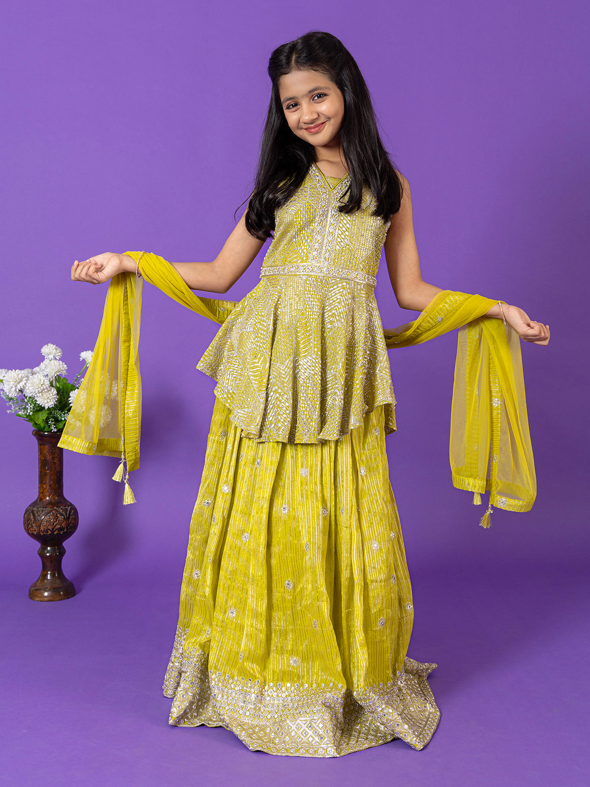 Green silk lehenga choli with mirror and stone detailing