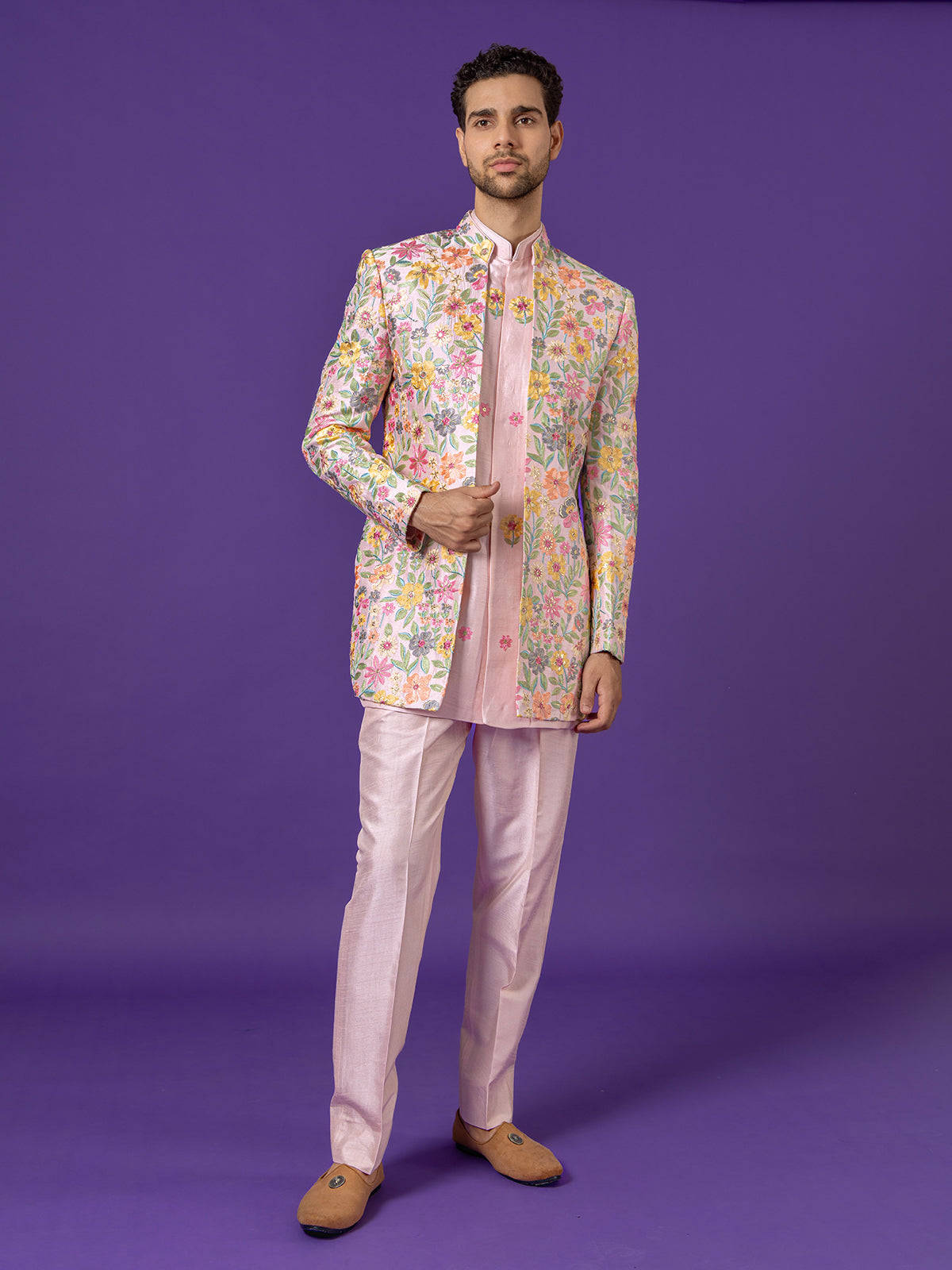 Light pink silk indowestern set with embroidery
