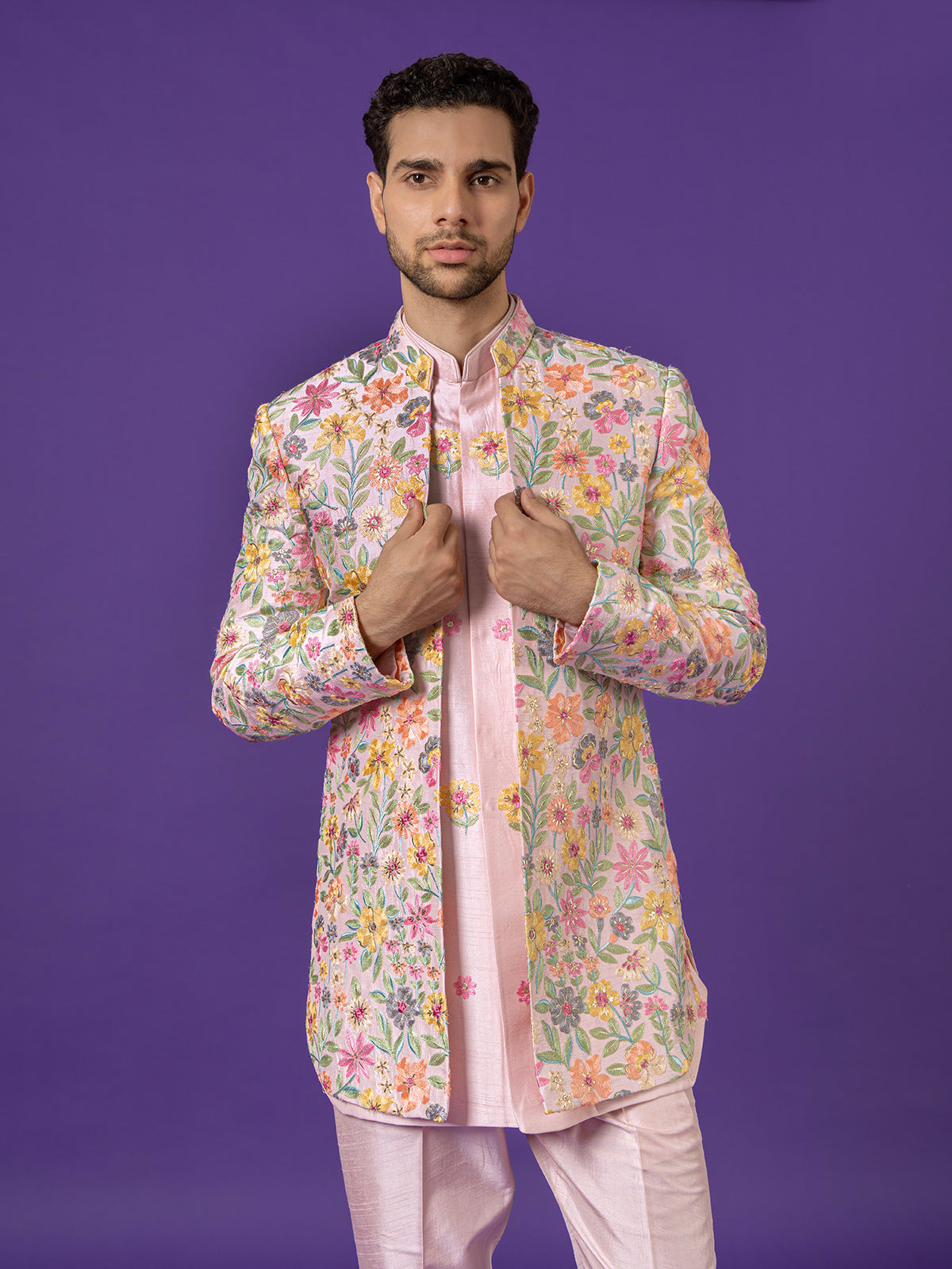 Light pink silk indowestern set with embroidery