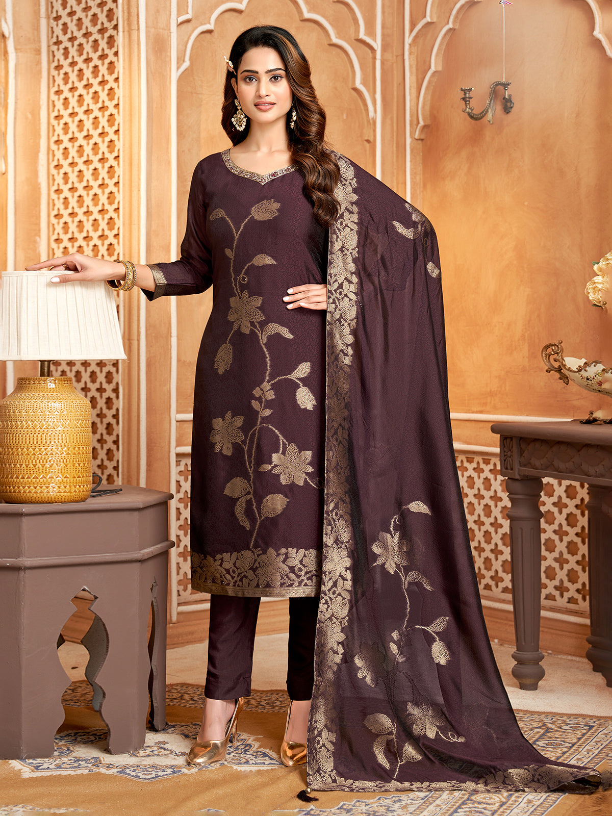 Dark wine zari worked silk salwar suit
