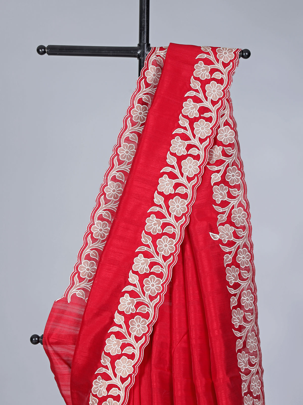Red semi tissue silk saree with cutworked border