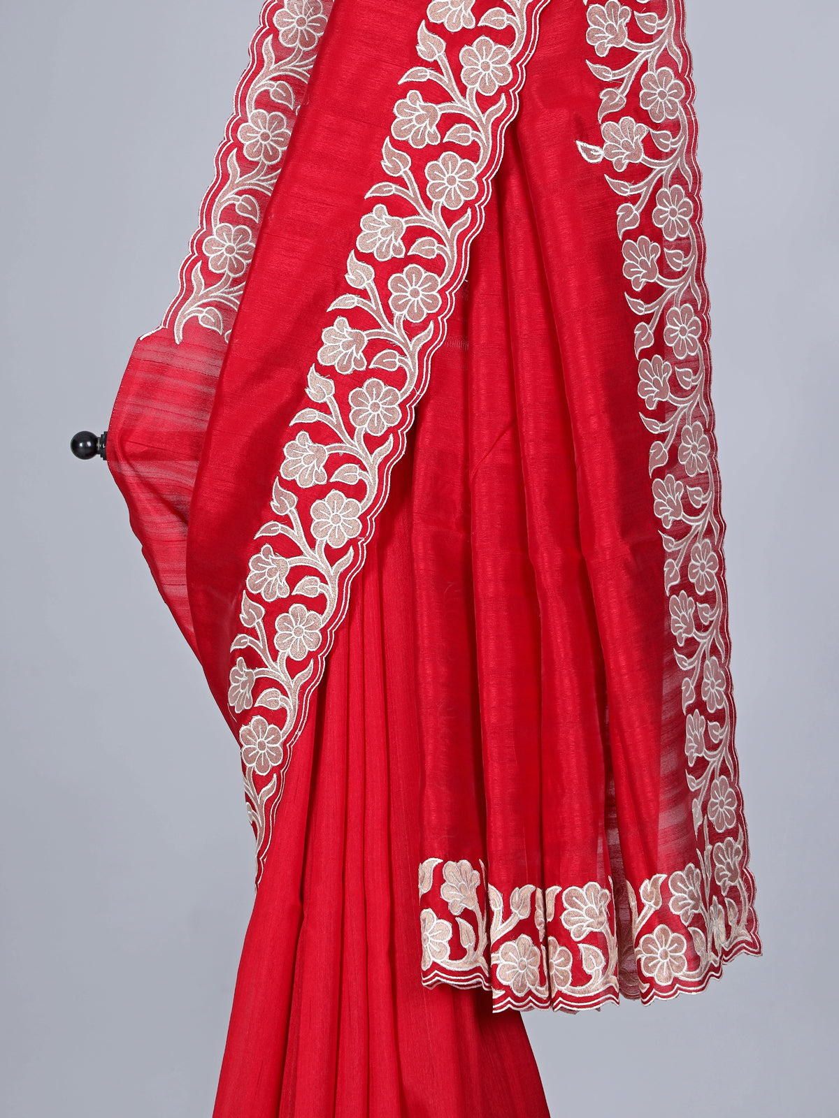 Red semi tissue silk saree with cutworked border