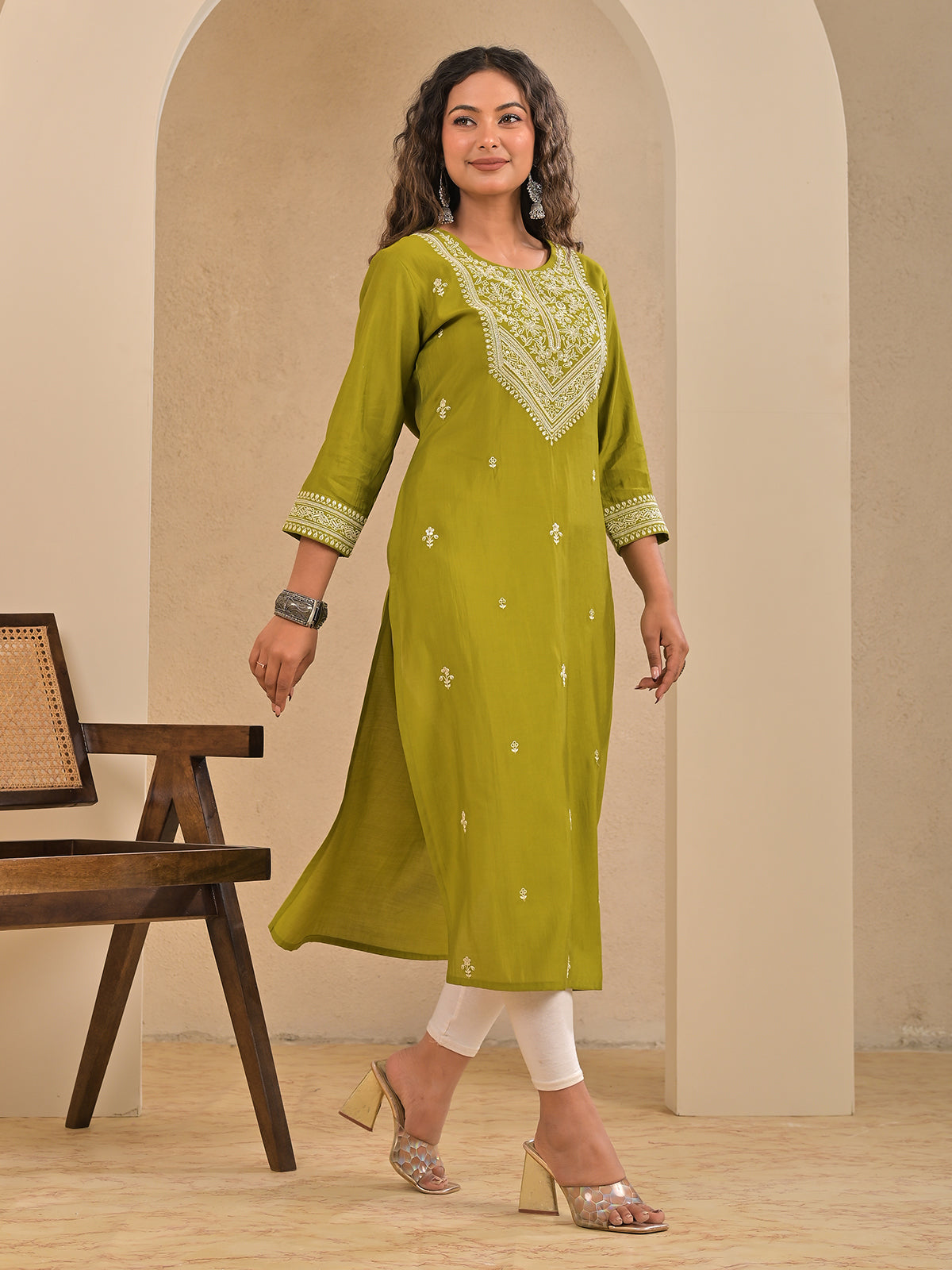 Mehndi green cotton silk sequins embroidered kurti