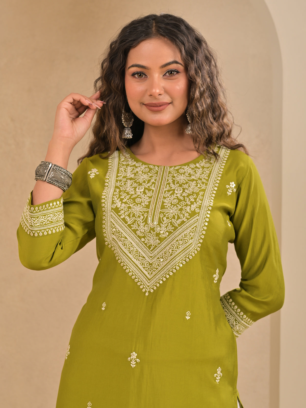Mehndi green cotton silk sequins embroidered kurti
