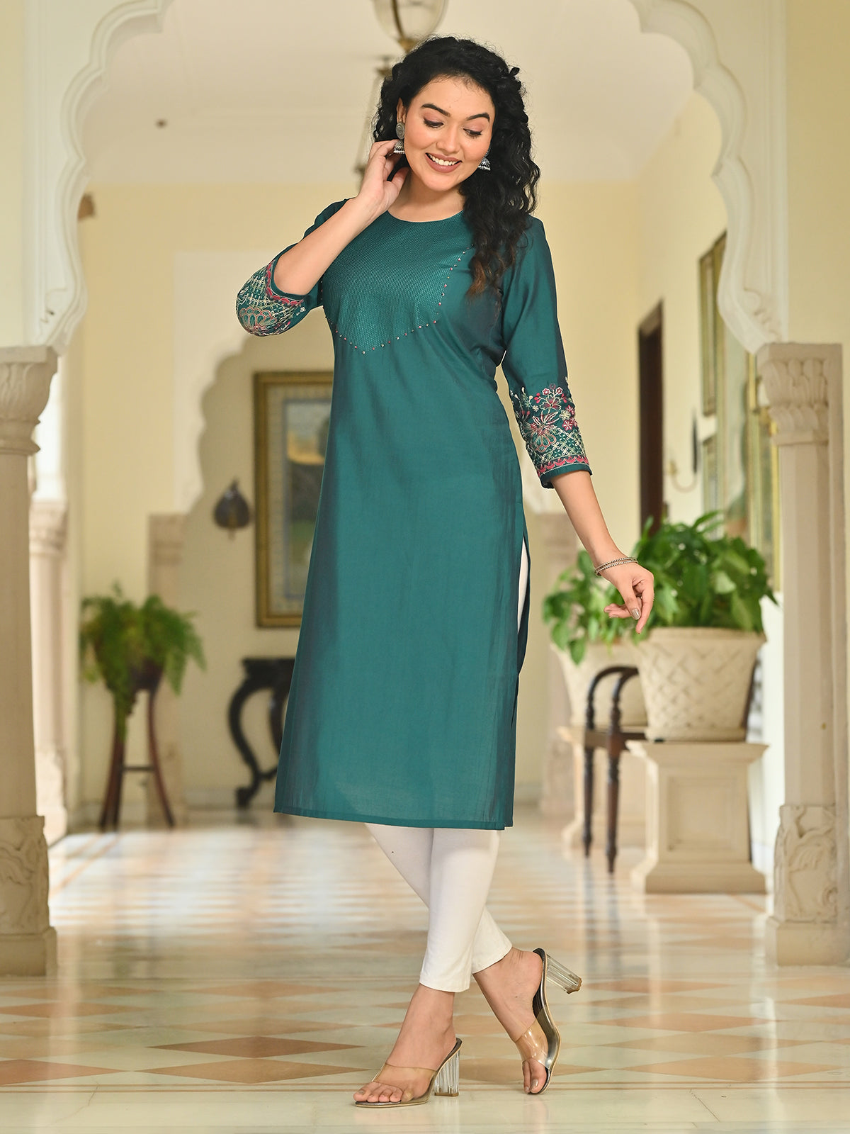Bottle green cotton silk embroidered sequins and beads kurti