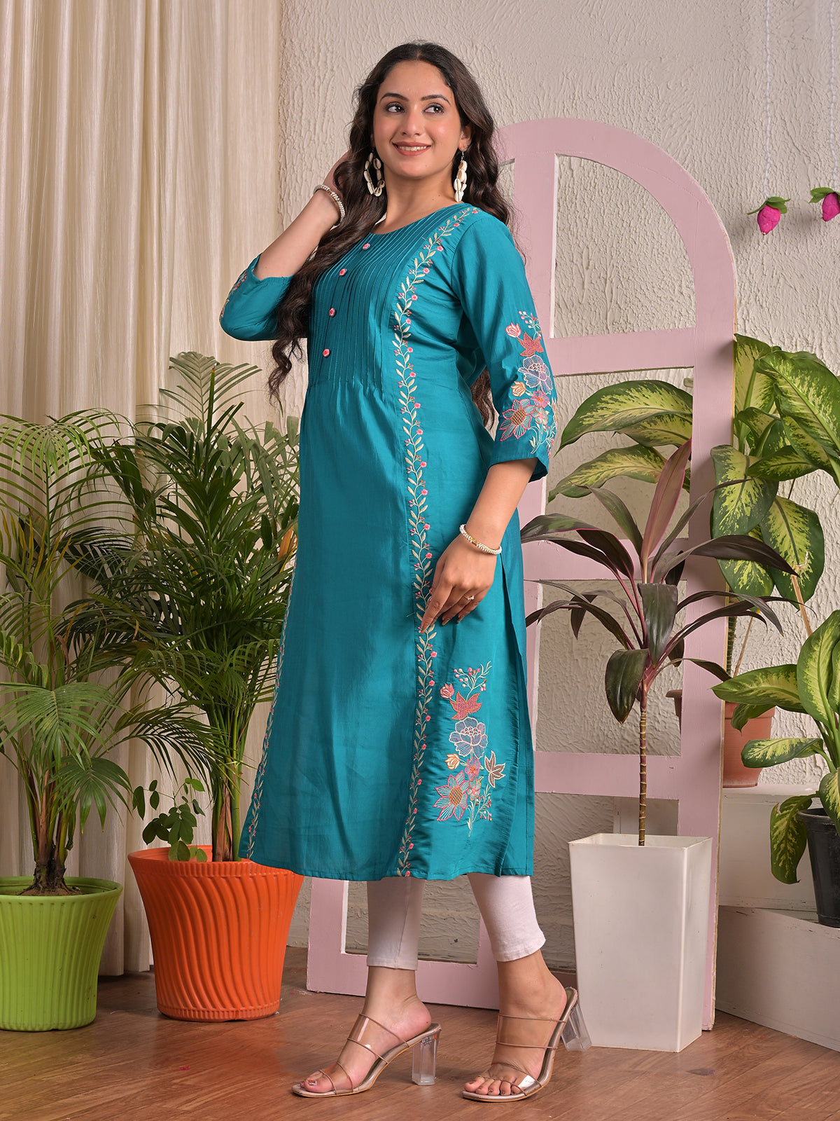 Blue silk embroidered casual kurti