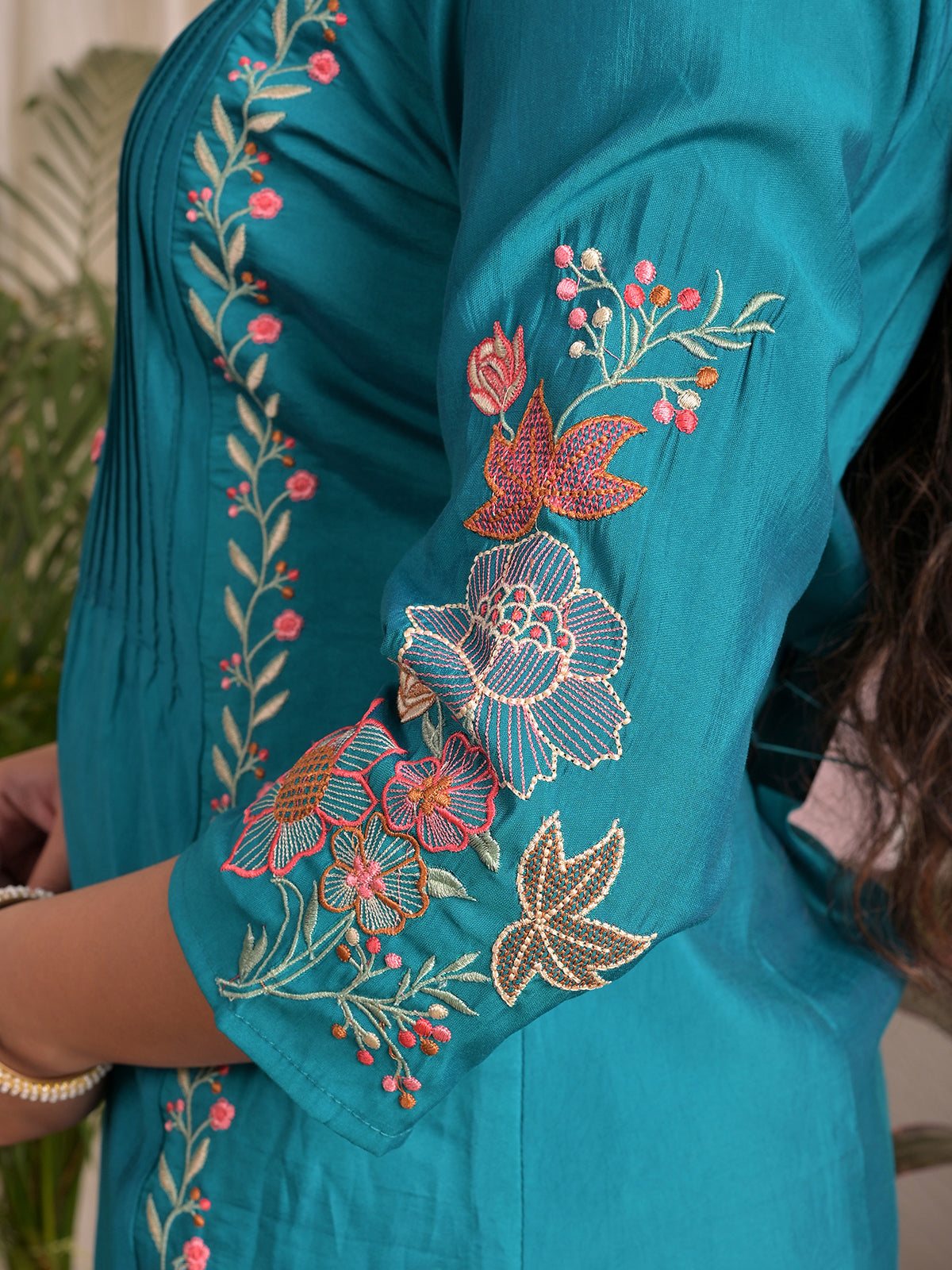 Blue silk embroidered casual kurti