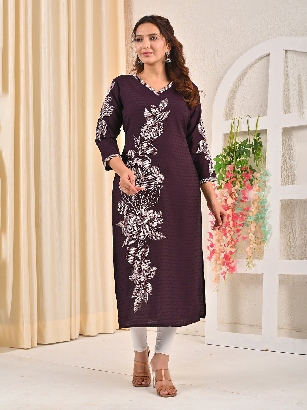 Dark purple viscose rayon embroidered sequins kurti
