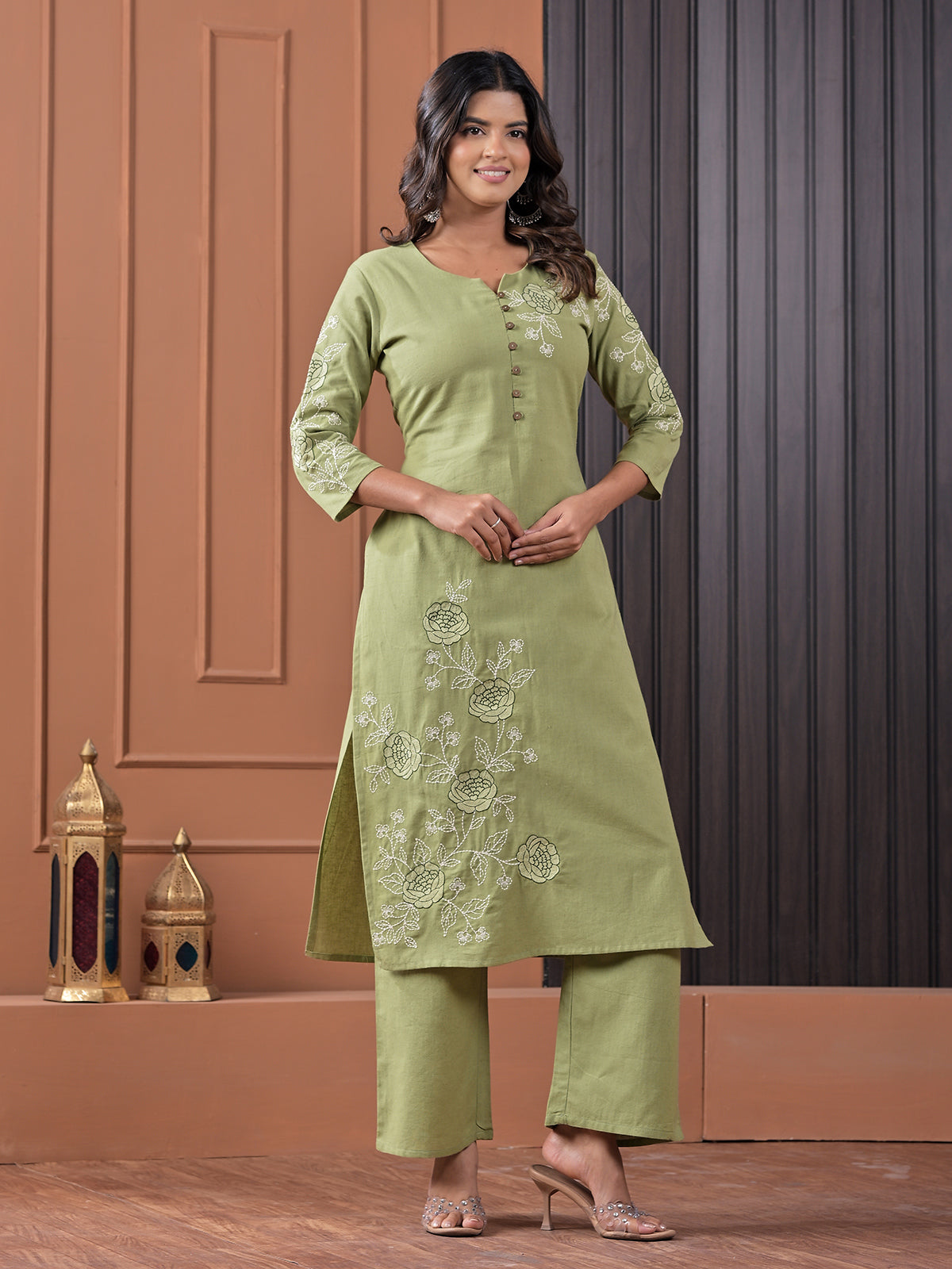 Pista green cotton embroidered kurti pant set