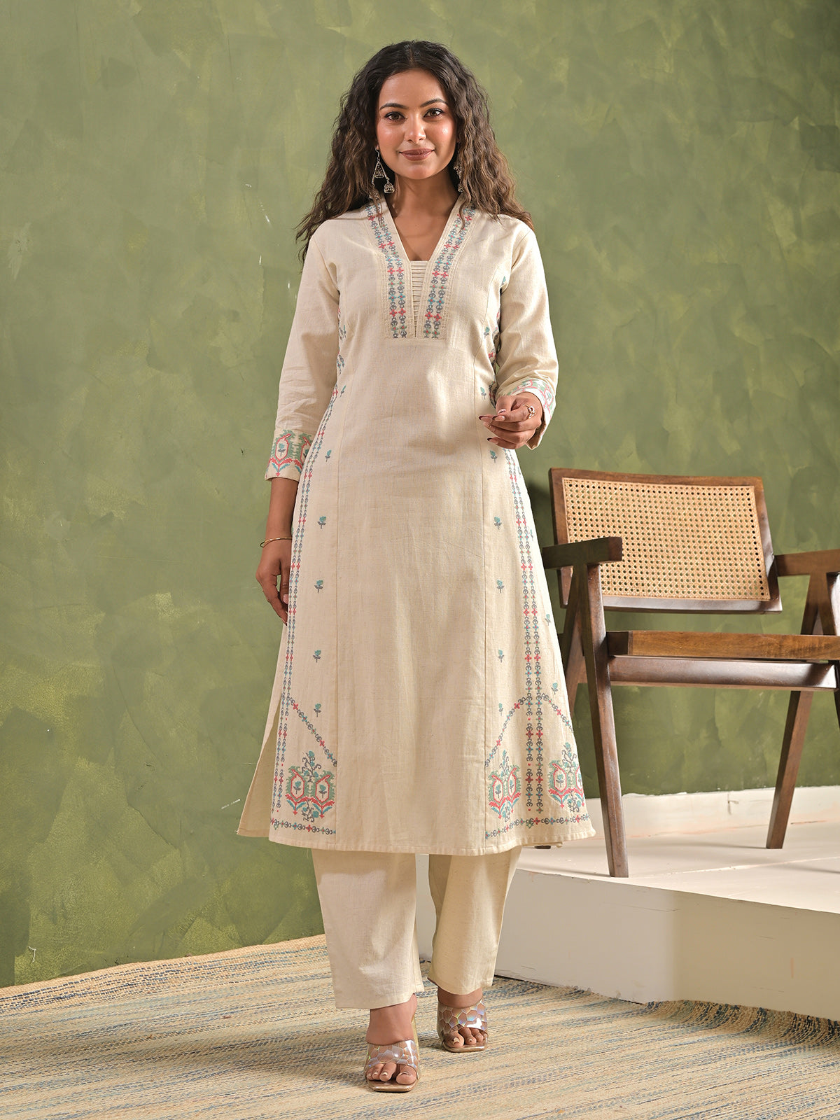 Cream cotton digital embroidered kurti pant set