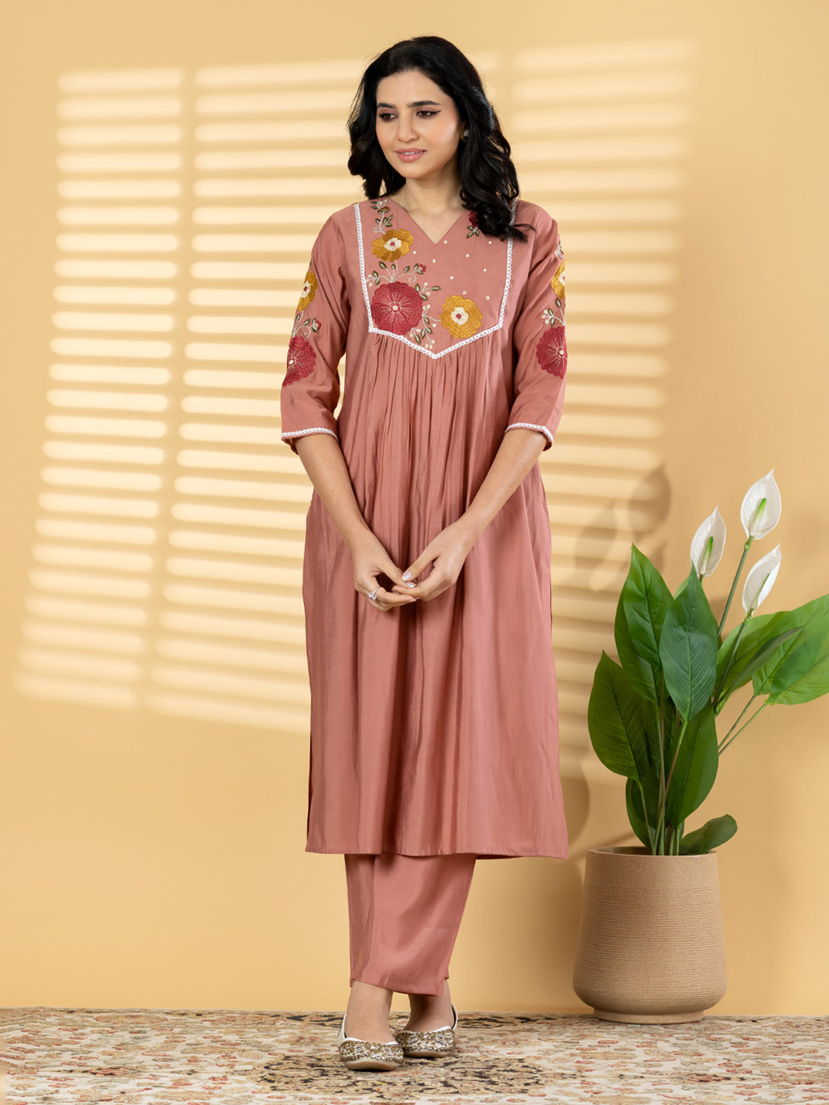 Peach cotton silk embroidered festive kurti pant set