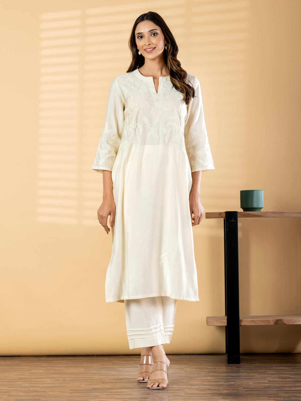 White cotton silk yoke embroidered kurti pant set