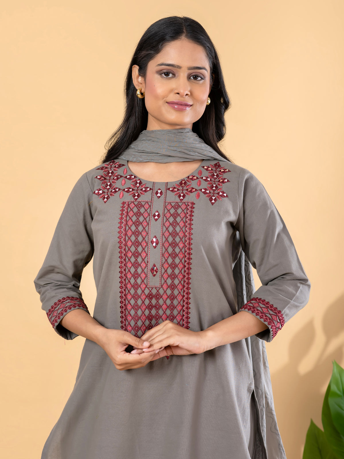 Grey cotton silk embroidered festive kurti set