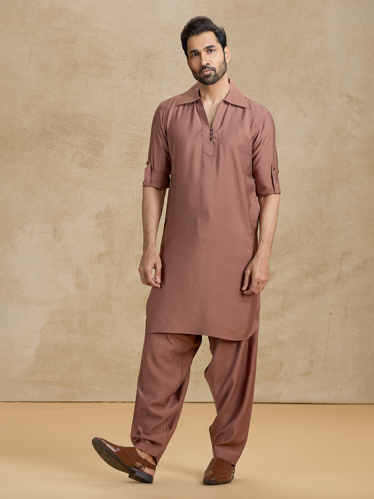 Plain brown cotton silk eid pathani suit