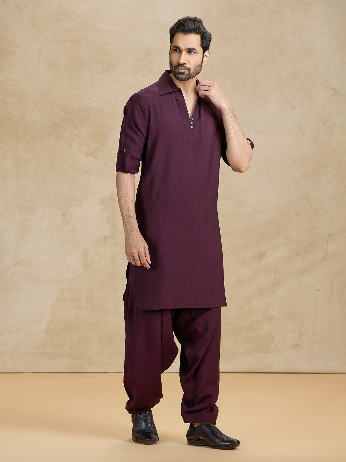 Wine cotton silk festive pathani kurta suit
