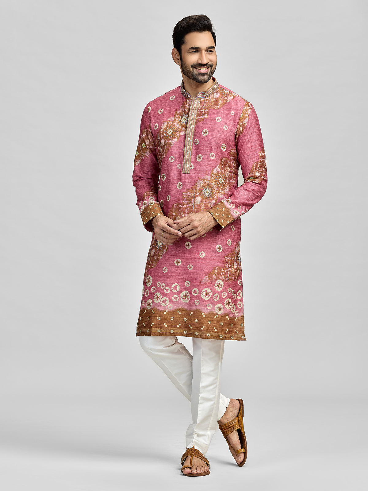 Pink brown festive designer kurta set for gentlemen