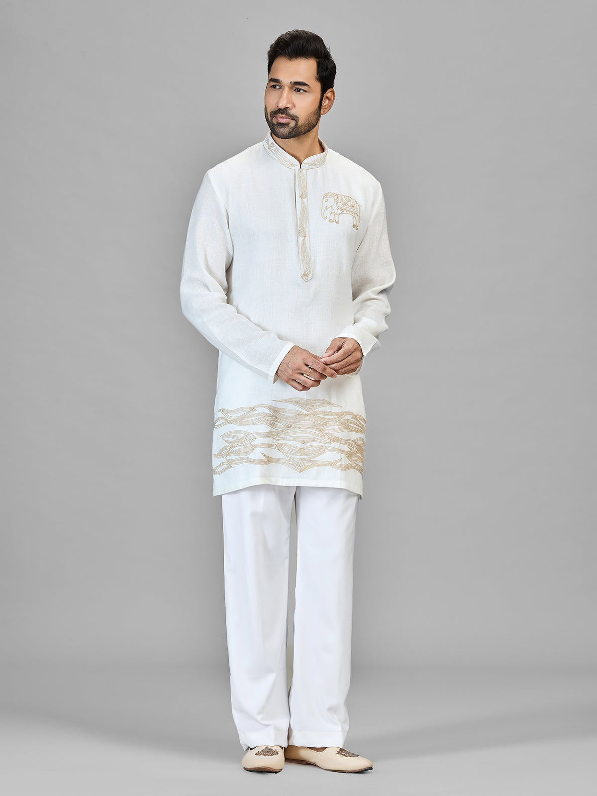 Off white elephant motif ethnic kurta suit for men