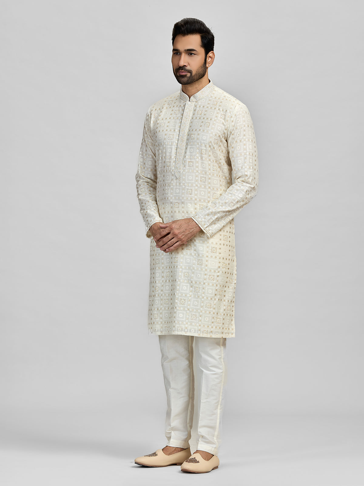 Cream banarasi chanderi embellished kurta suit
