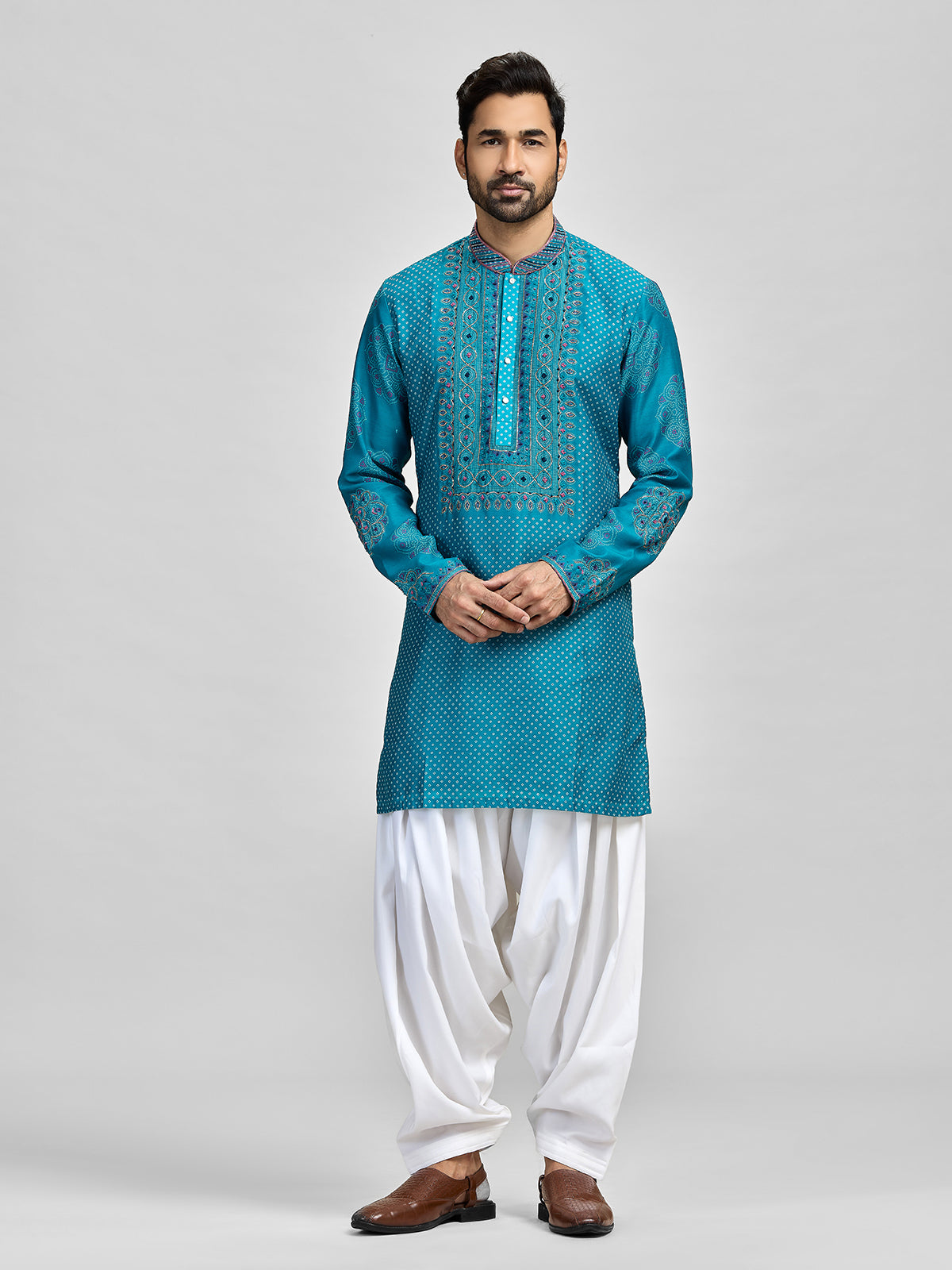 Blue silk bandhani salwar embroidered celebration ensemble