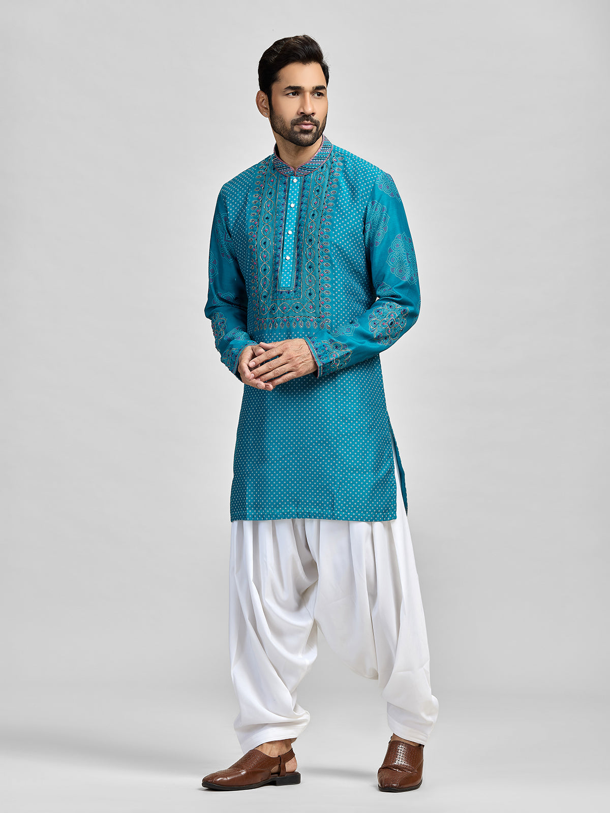Blue silk bandhani salwar embroidered celebration ensemble
