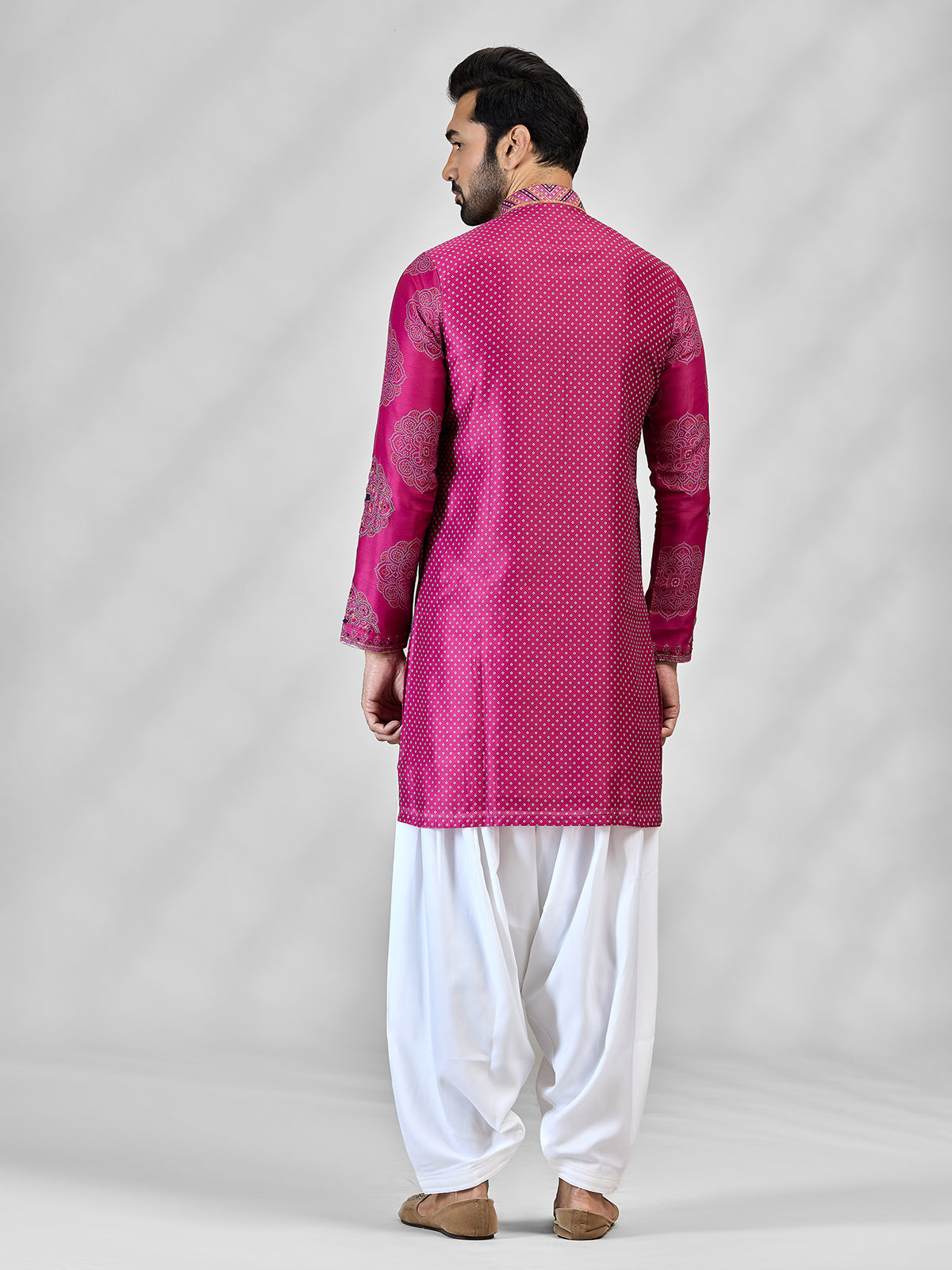 Magenta pink silk bandhani artistic celebration attire