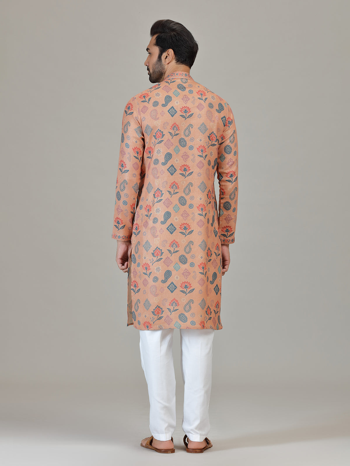 Peach cotton linen paisley floral festive attire